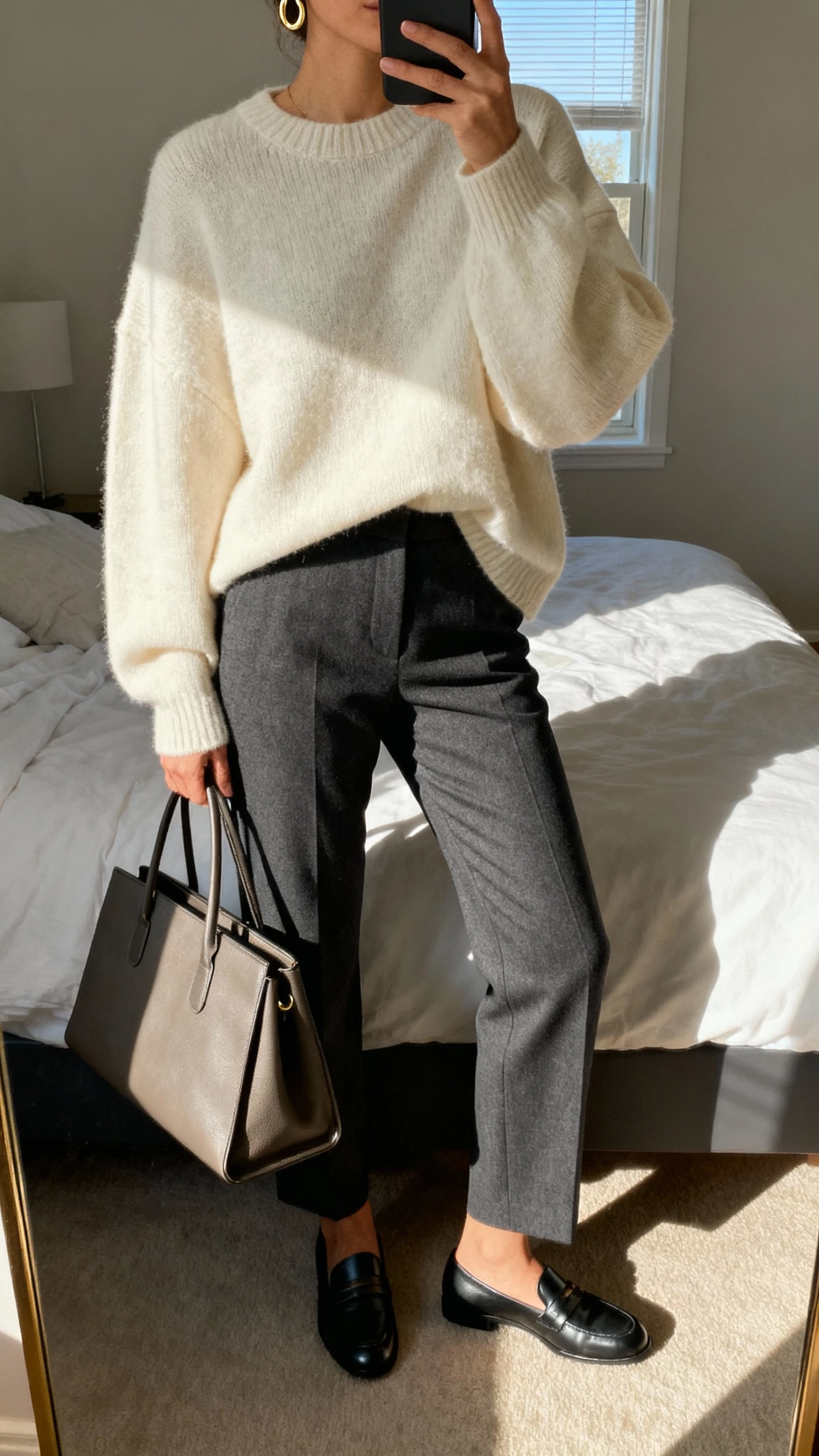 iPhone mirror selfie of a woman wearing an oversized cream sweater, tailored charcoal trousers, sleek loafers, minimal gold hoops, structured tote, face not visible, cropped at neck, bedroom mirror with morning window light, natural iPhone photo quality.