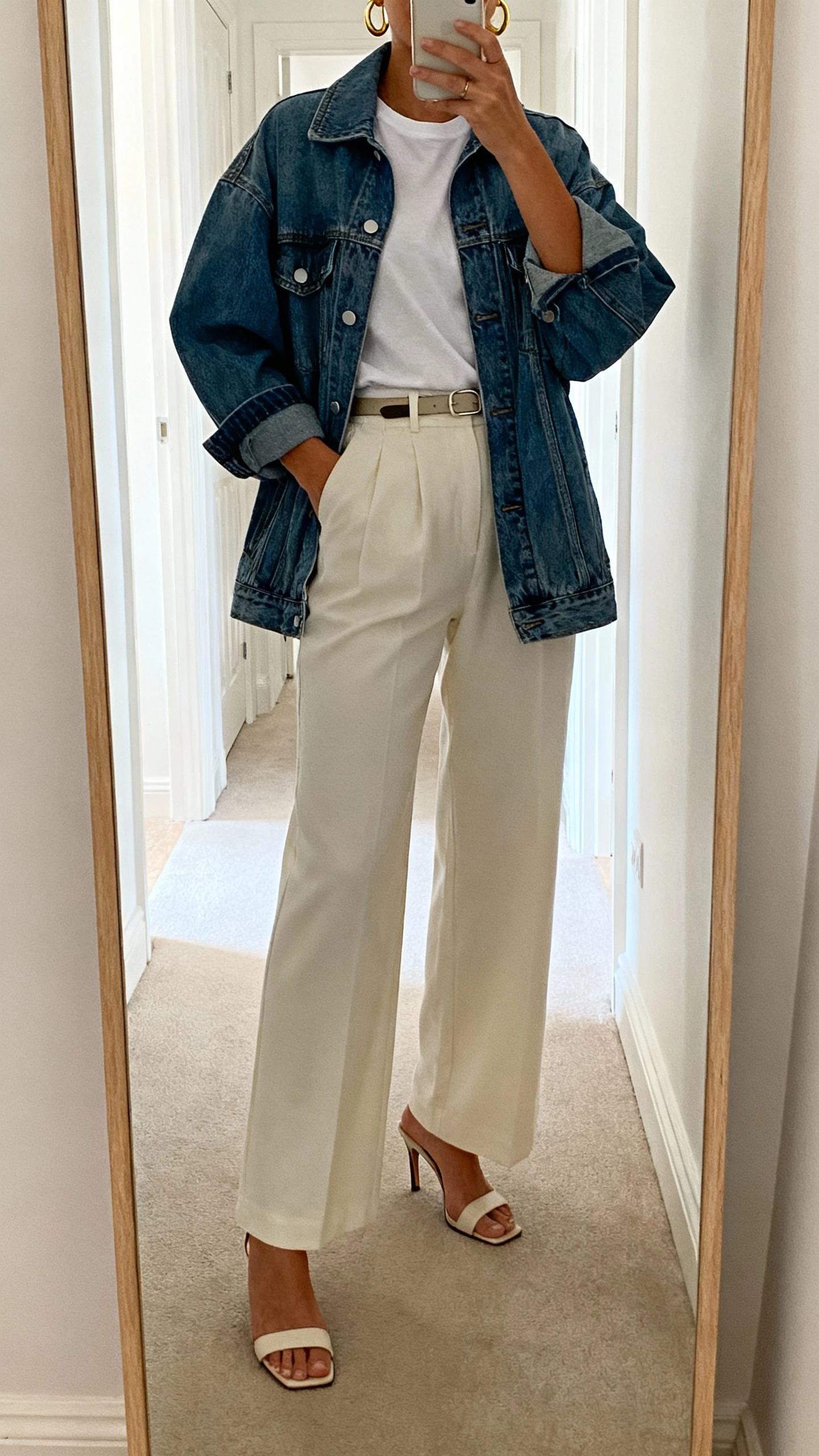 iPhone mirror selfie of a woman wearing an oversized denim jacket over a crisp white tee, high-waisted wide-leg pants, sleek heeled sandals, minimalist belt and gold hoops, face not visible, hallway mirror, bright indoor lighting, natural iPhone photo quality
