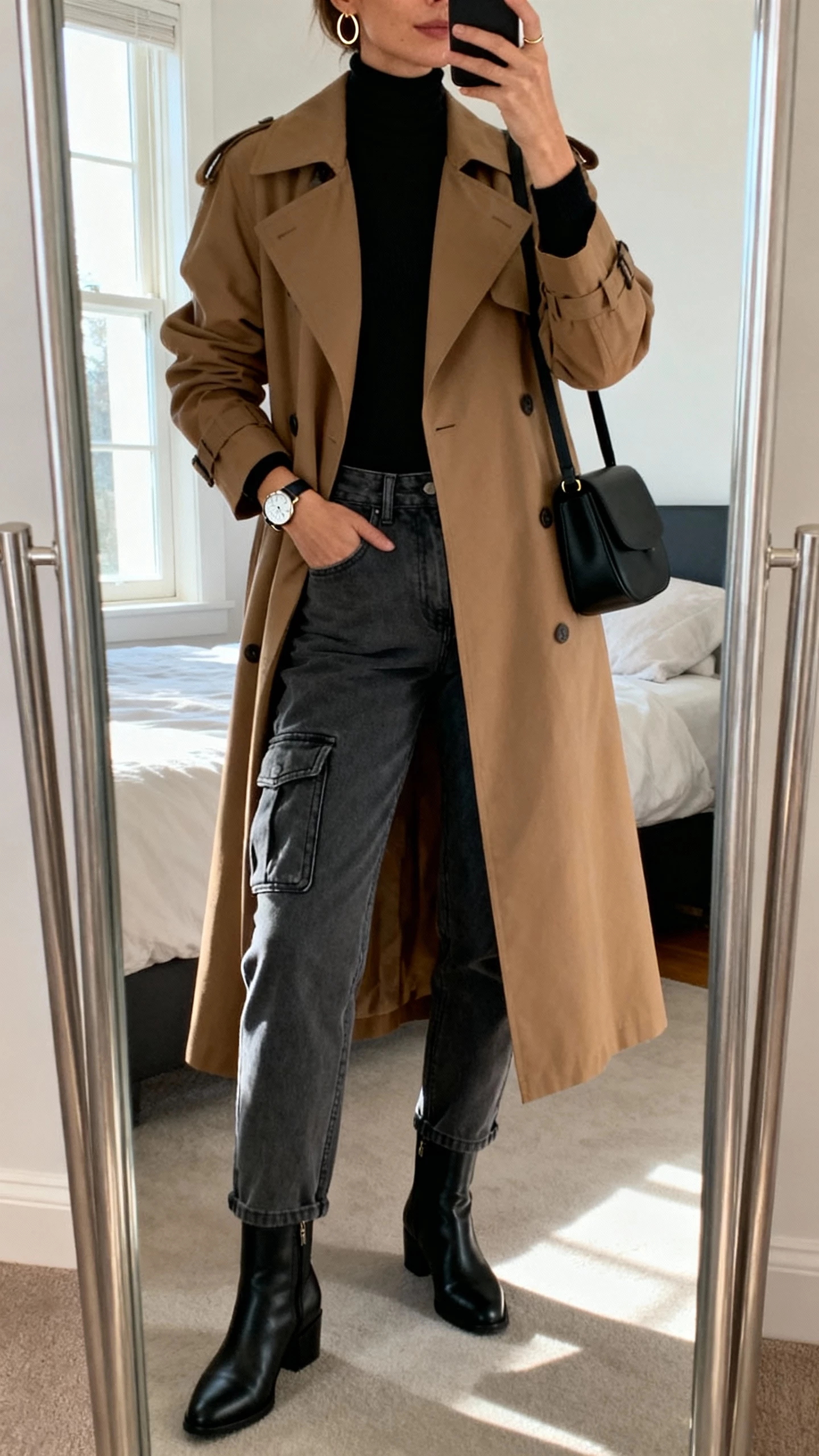 iPhone mirror selfie of a woman wearing charcoal cargo jeans, a slim black turtleneck, long camel trench coat, sleek black ankle boots, minimalist black shoulder bag, thin gold hoops and watch; face not visible, cropped at neck, bedroom mirror with natural window light, natural iPhone photo quality.