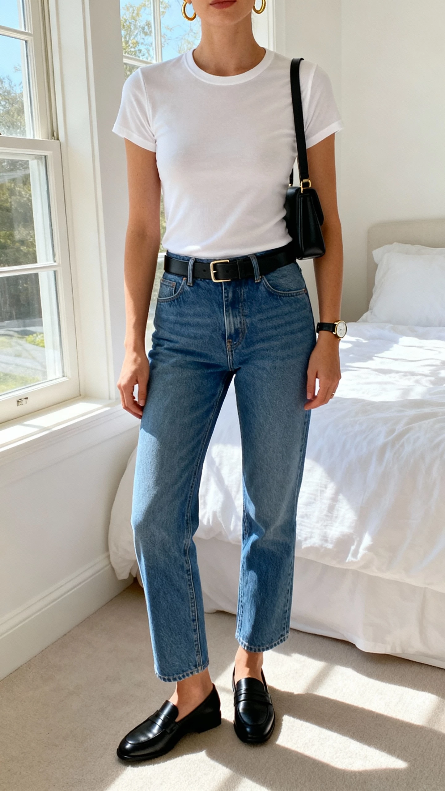 iPhone mirror selfie of a woman wearing polished basics: white fitted tee, classic blue straight-leg jeans, black leather belt, black loafers, slim black shoulder bag, minimal gold hoops and watch; face not visible, cropped at neck in a bright bedroom, natural window light, natural iPhone photo quality