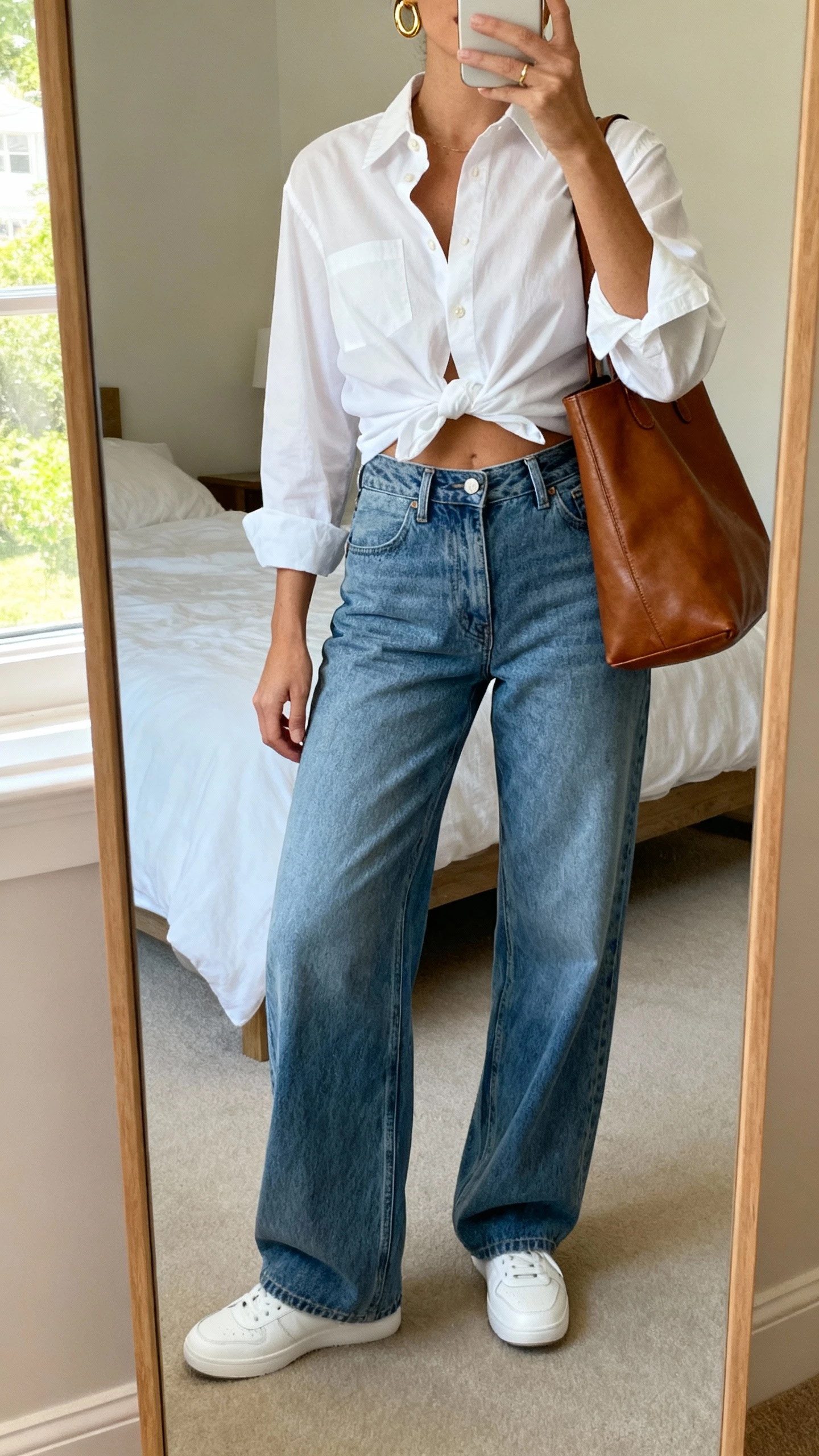 iPhone mirror selfie of a woman wearing wide leg jeans with a crisp white button-down half-tucked, clean white sneakers, simple gold hoops and a leather tote, face not visible, cropped at neck, bedroom mirror with morning window light, natural iPhone photo quality.