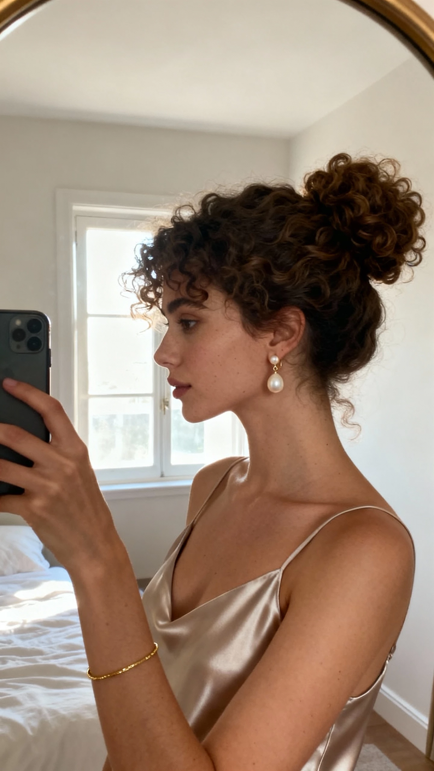 iPhone mirror selfie of a woman with a cloud-soft curly chignon, minimalist satin slip dress, delicate pearl drop earrings, fine gold bracelet, face not visible, cropped at neck, bedroom mirror with soft window light, natural iPhone photo quality.