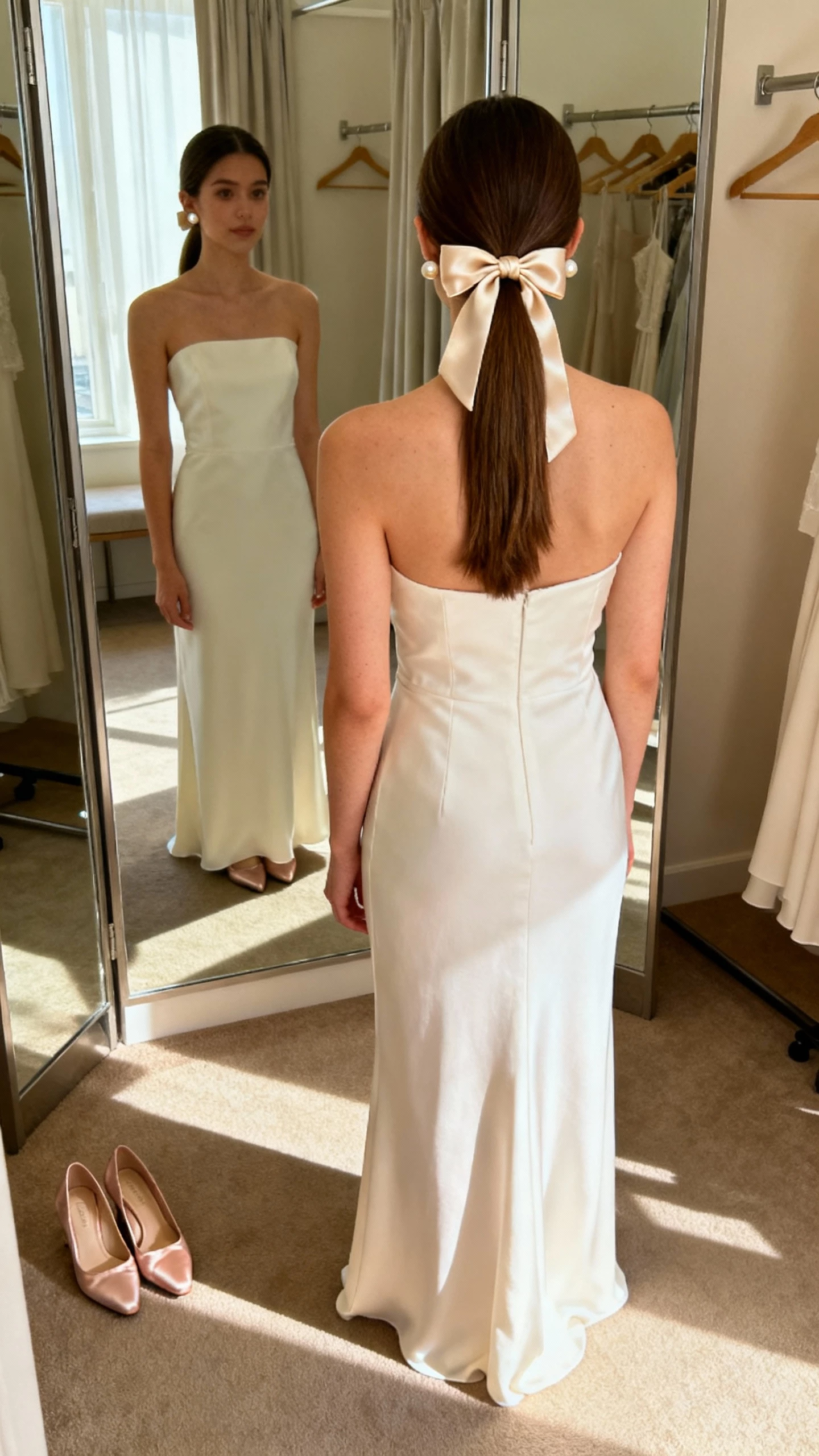 iPhone mirror selfie of a woman with a mid-height ponytail, clean center part, tied with a silk bow, minimalist column bridal dress, pearl studs, satin pumps on the floor, face not visible, cropped at neck, dressing room mirror, natural morning light, casual iPhone aesthetic