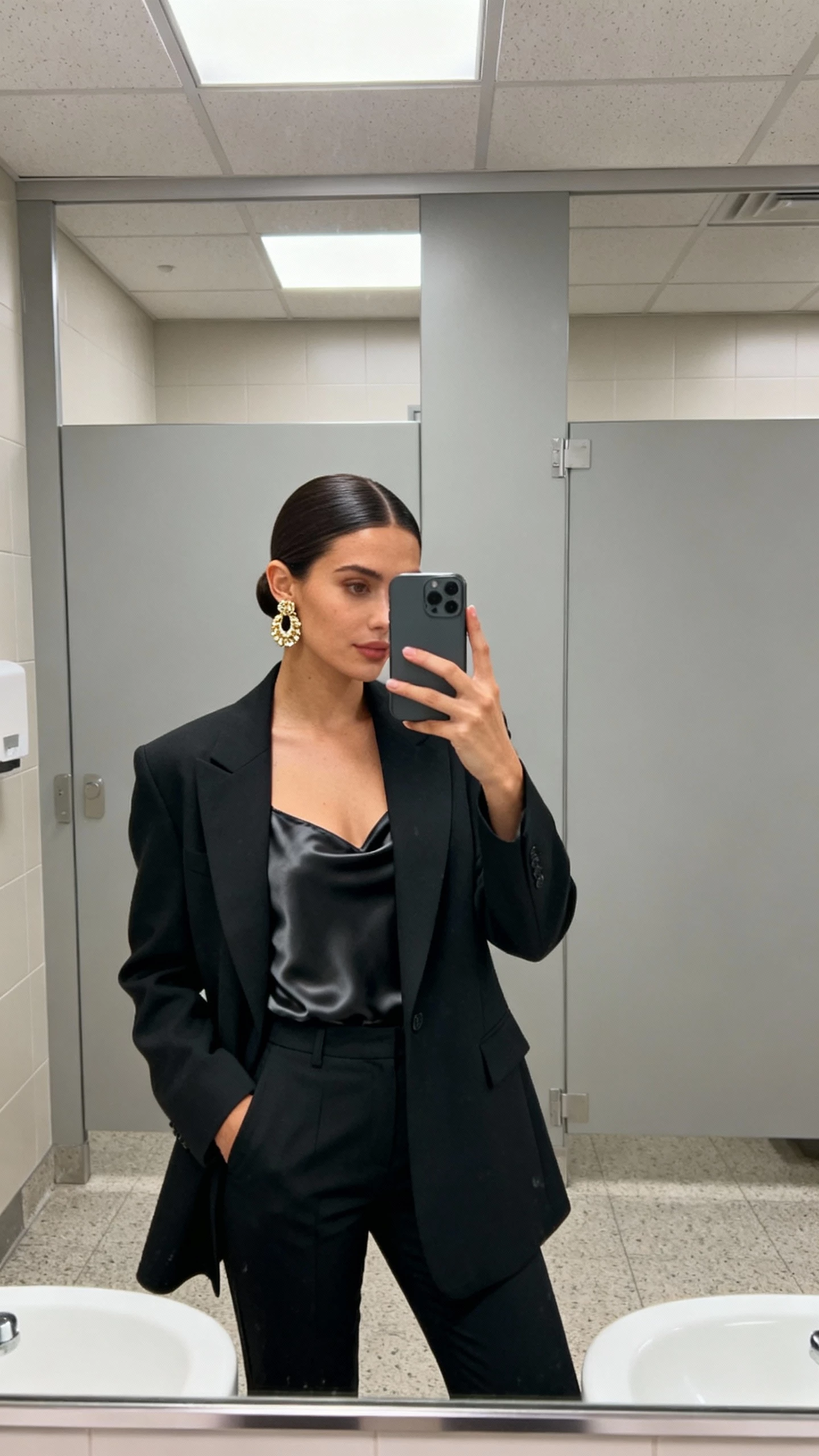 iPhone mirror selfie of a woman with a sleek tucked lob behind both ears showcasing statement ear-candy earrings, wearing a structured blazer over a satin camisole and slim trousers, face not visible, office restroom mirror, bright indoor lighting, natural iPhone aesthetic