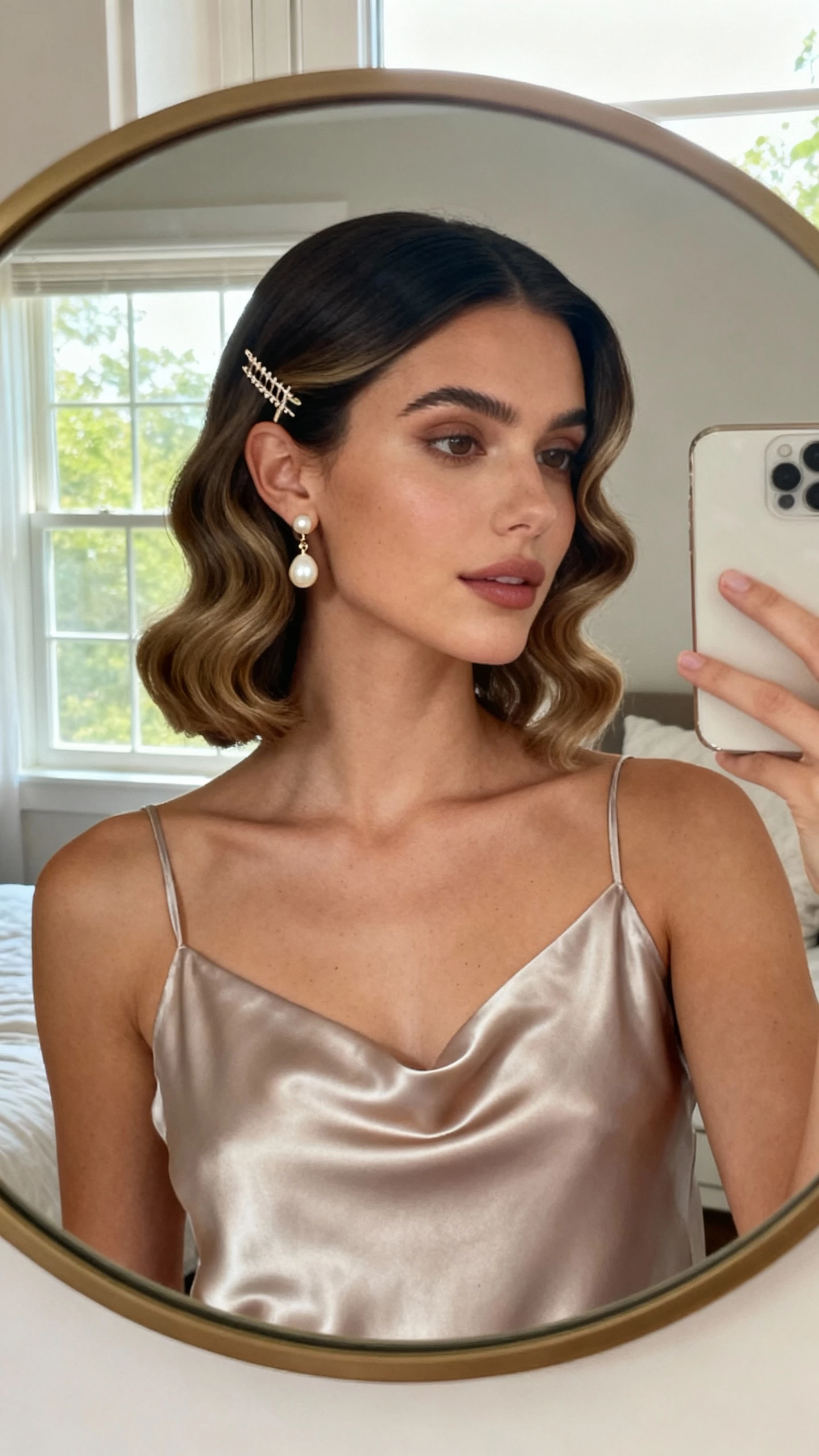 iPhone mirror selfie of a woman with a soft S-wave bob and deep side part, wearing a satin slip dress, pearl drop earrings, and a delicate side comb, face not visible, cropped at neck, bedroom mirror with natural window light, natural iPhone photo quality