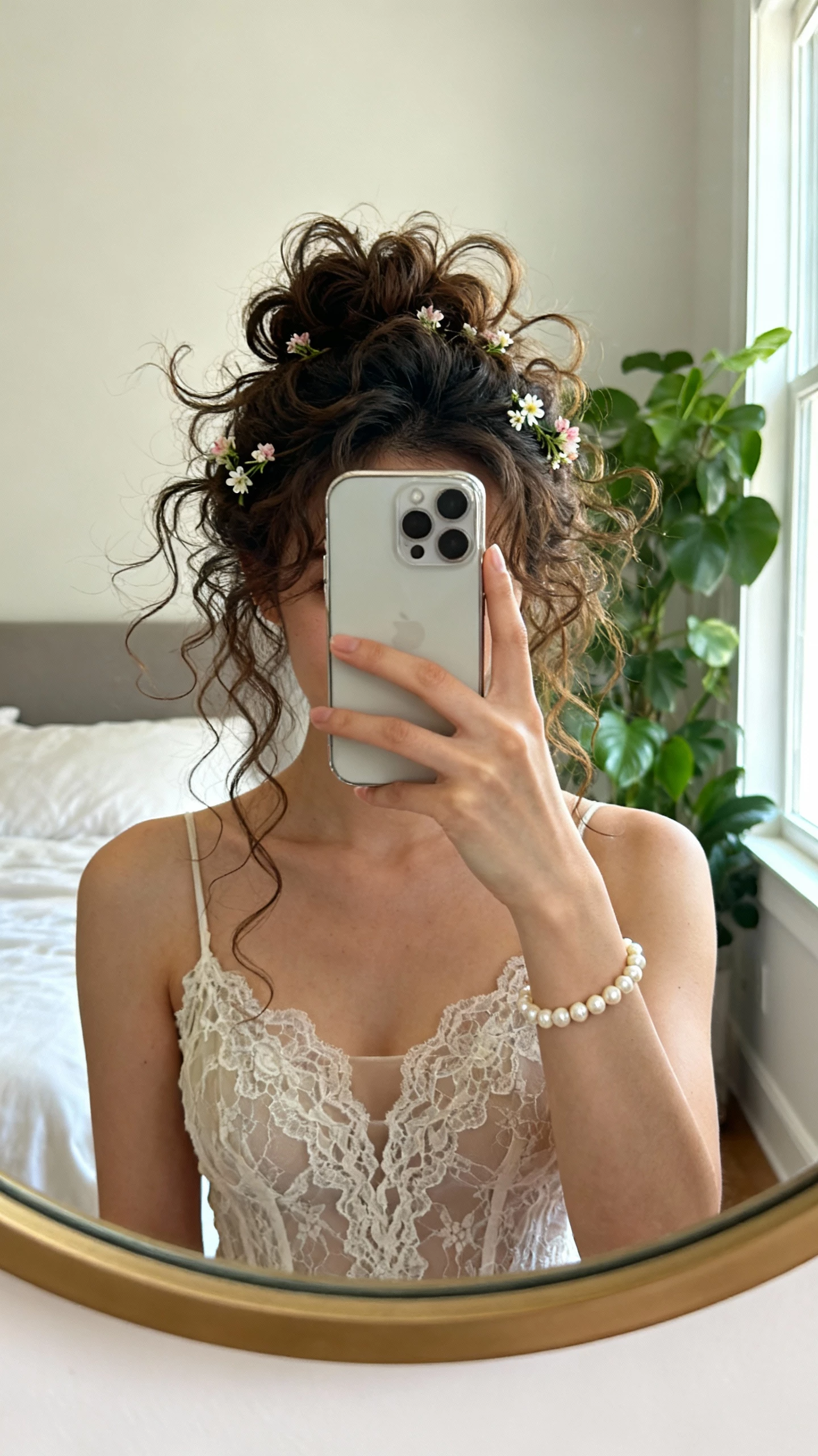 iPhone mirror selfie of a woman with a tousled curly updo with whimsical tendrils, lace bodice dress, tiny floral hair pins, pearl bracelet, face not visible, bedroom mirror with greenery, gentle window light, natural iPhone photo.