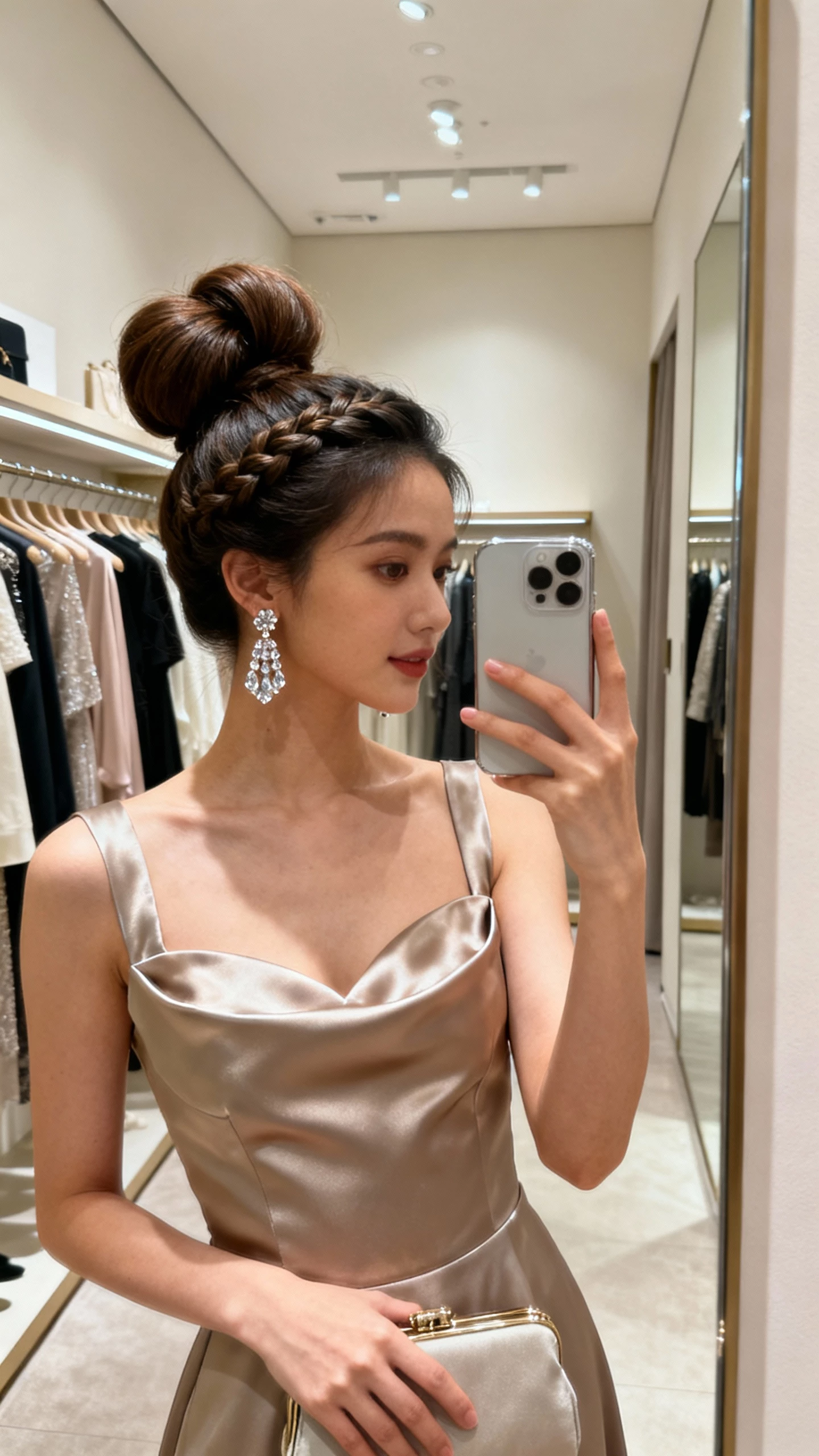 iPhone mirror selfie of a woman with a voluminous high bun featuring a hidden braid detail, crystal drop earrings, structured satin bodice, simple clutch in hand, face not visible, boutique fitting room mirror, soft indoor lighting, natural iPhone photo quality.