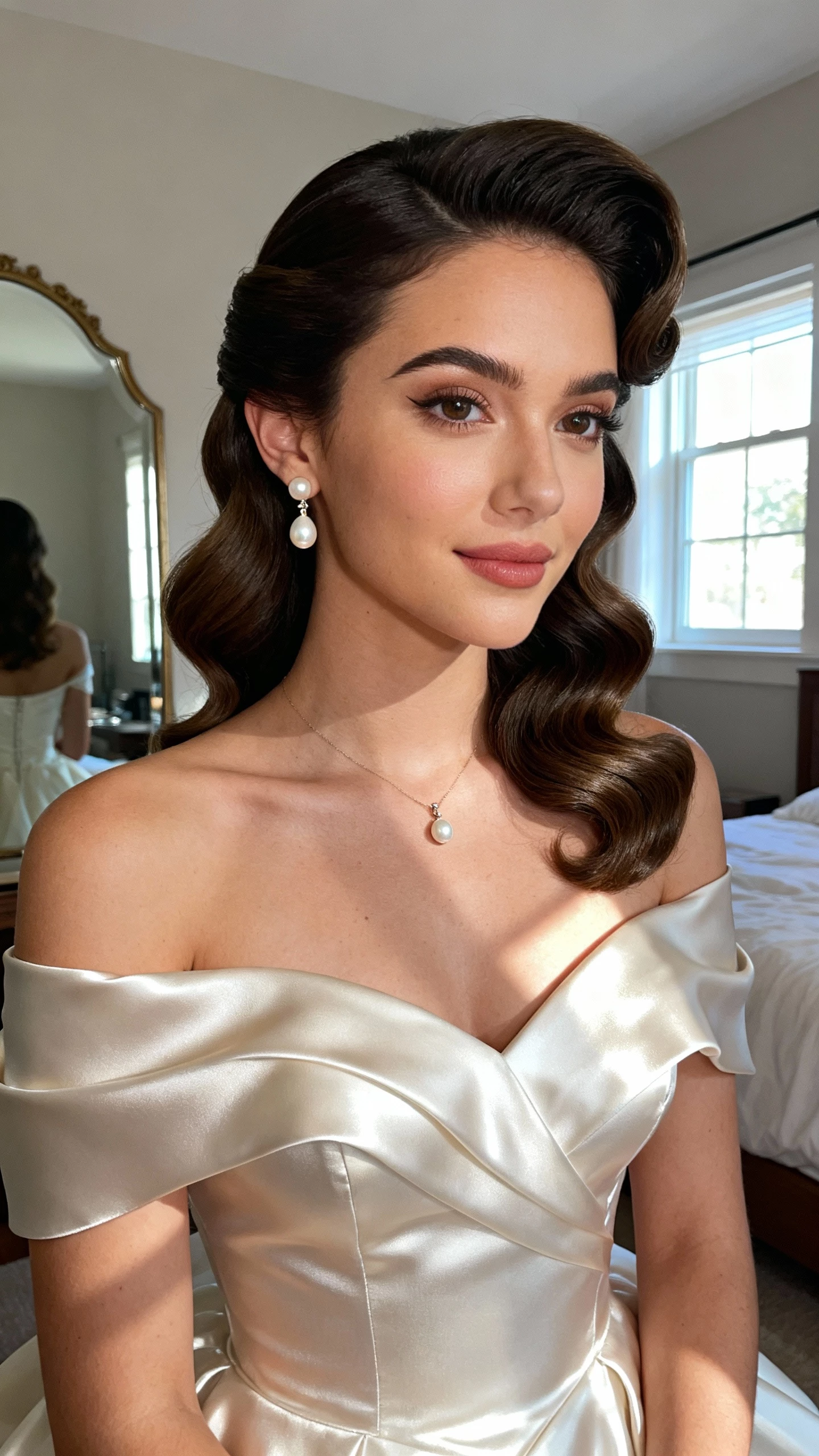 iPhone mirror selfie of a woman with soft Hollywood waves and a deep side part, wearing an off-shoulder satin bridal gown, pearl drop earrings, and a delicate pendant; face not visible, cropped at shoulders, bedroom mirror with window light, natural iPhone photo quality.