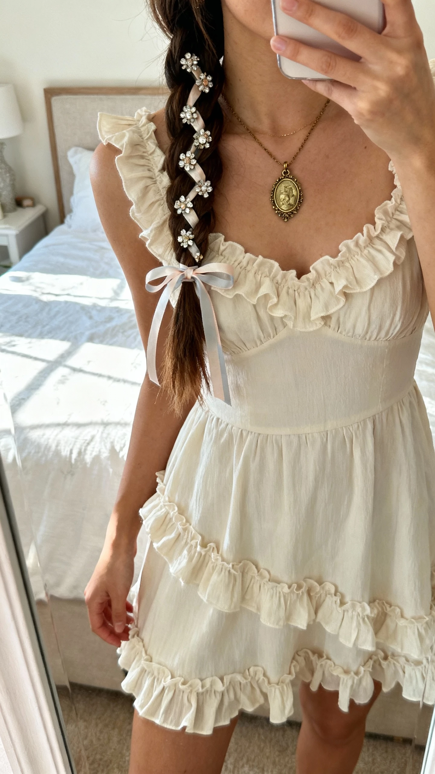 iPhone mirror selfie of an embellished low braid with ribbon woven through, paired with a romantic ruffle dress and vintage locket, face not visible, bedroom mirror with soft daylight, natural iPhone photo quality.