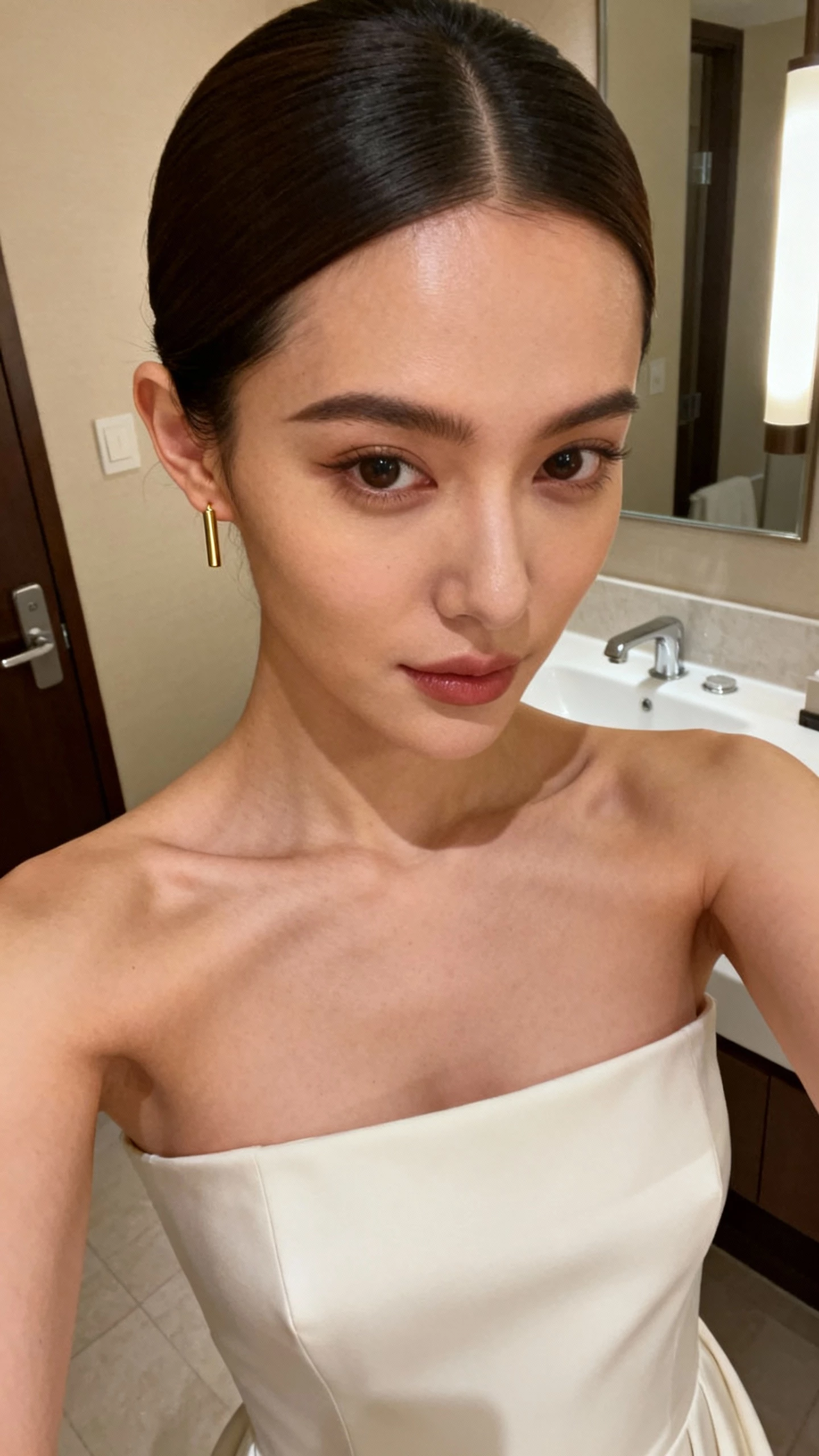 iPhone neck-down selfie of a woman with a sleek low bun and center part, modern minimalist column gown, thin gold bar earrings, and no necklace; face not visible, hotel bathroom lighting, clean neutral background, natural iPhone aesthetic.