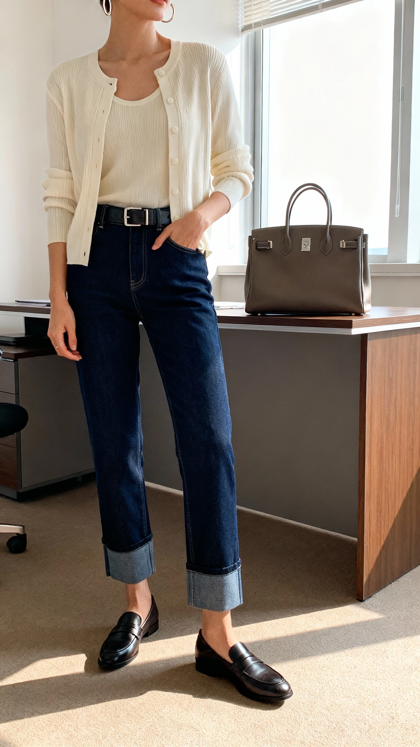 iPhone office desk selfie cropped at neck showing a woman in a fine-knit cardigan and matching shell in cream, dark blue cigarette jeans with a clean hem, sleek loafers, structured belt, subtle hoop earrings, and a polished tote; morning window light, face not visible, natural iPhone photo.