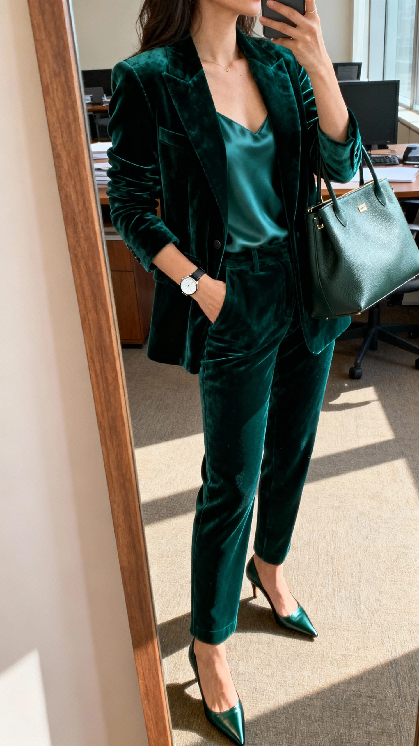 iPhone office mirror selfie of a woman in a deep emerald velvet blazer and matching tailored trousers, silky camisole, pointed-toe heels, minimalist watch, structured tote, face not visible, side angle, afternoon indoor lighting, casual iPhone aesthetic