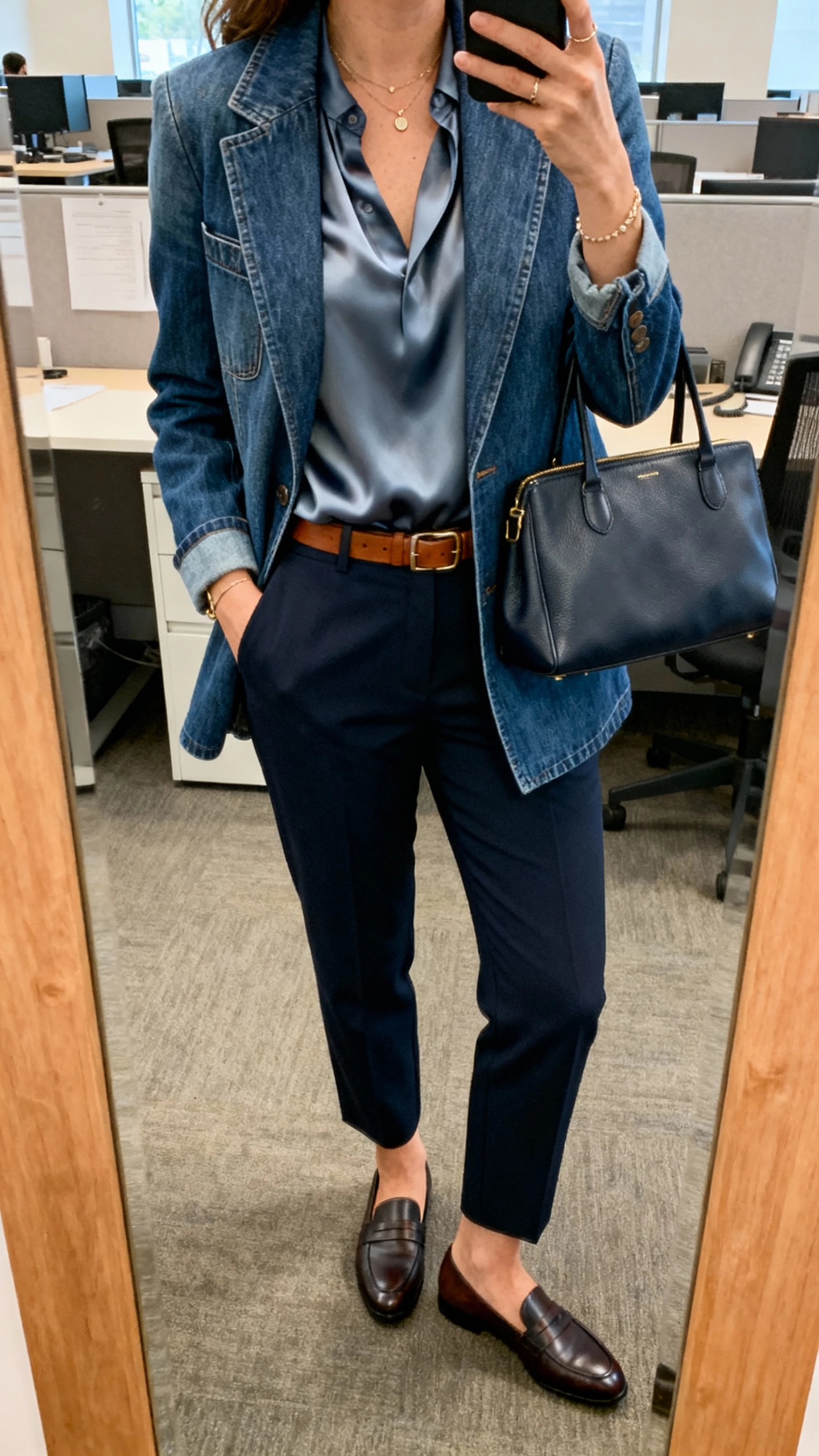 iPhone office mirror selfie of a woman in an office-ready denim blazer over a silk blouse, tailored trousers, loafers, slim leather belt, structured tote, subtle jewelry, face not visible, cropped at shoulders, warm office lighting, natural iPhone photo quality.