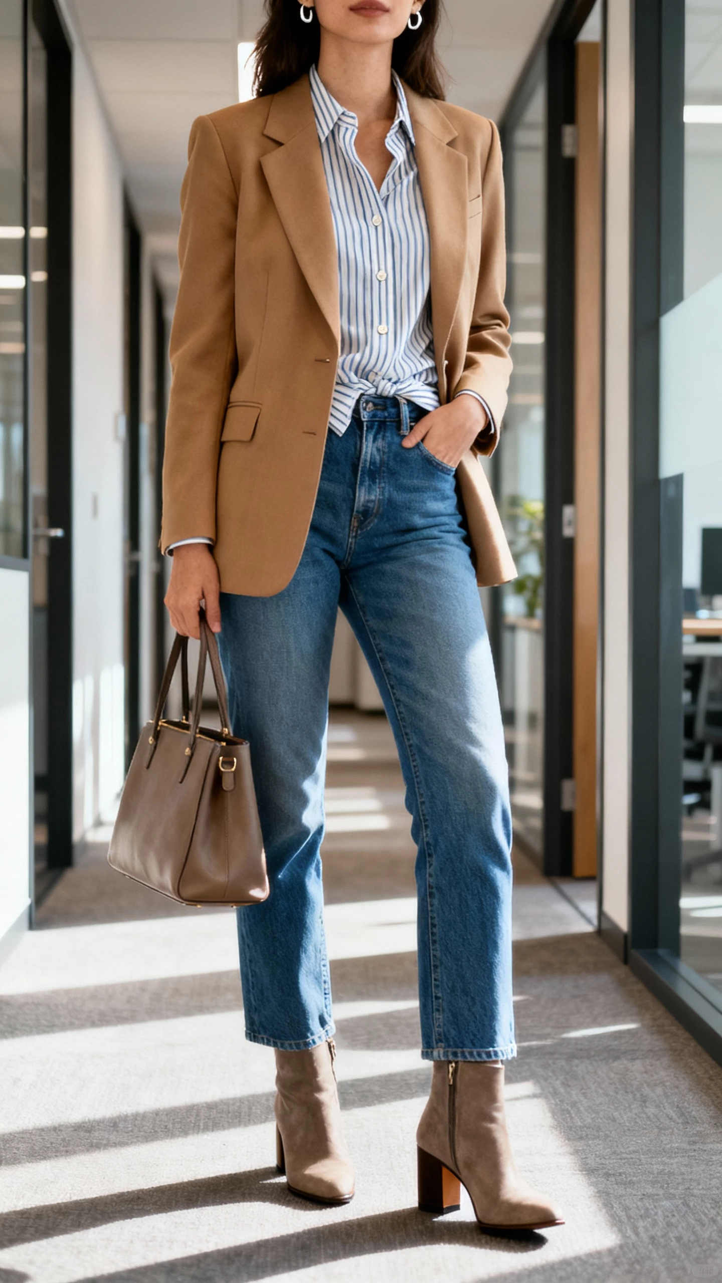 iPhone office mirror selfie of a woman in creative office chic with smart denim: tailored camel blazer, crisp striped button-up half-tucked into clean blue jeans, block-heel ankle boots, structured tote, subtle earrings; face not visible, cropped at neck in an office hallway, morning light, natural iPhone photo quality