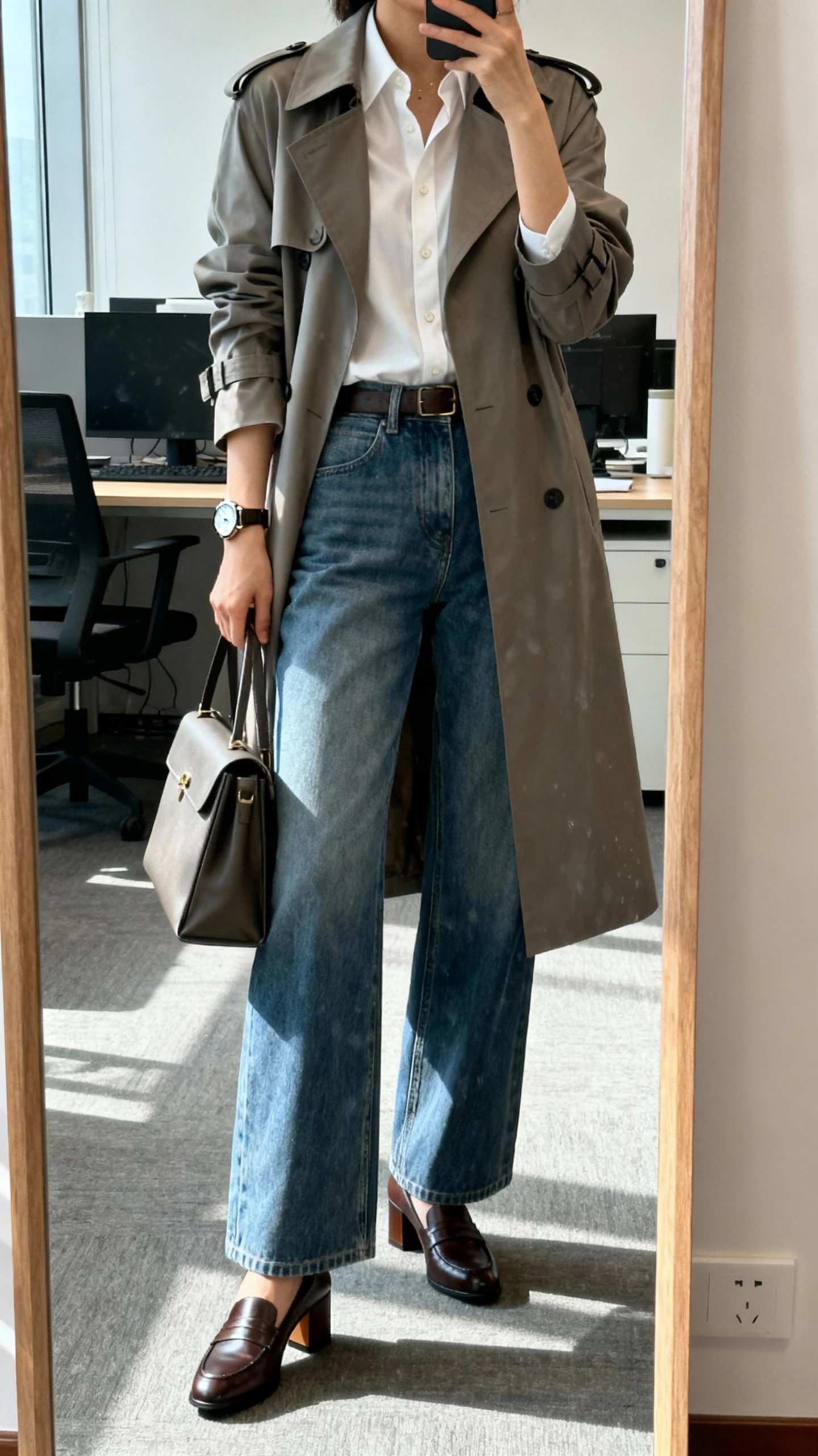 iPhone office mirror selfie of a woman in wide leg jeans, crisp button-down shirt tucked in, sleek trench coat, block-heel loafers, structured work tote, watch, face not visible, morning office lighting, natural iPhone photo quality.