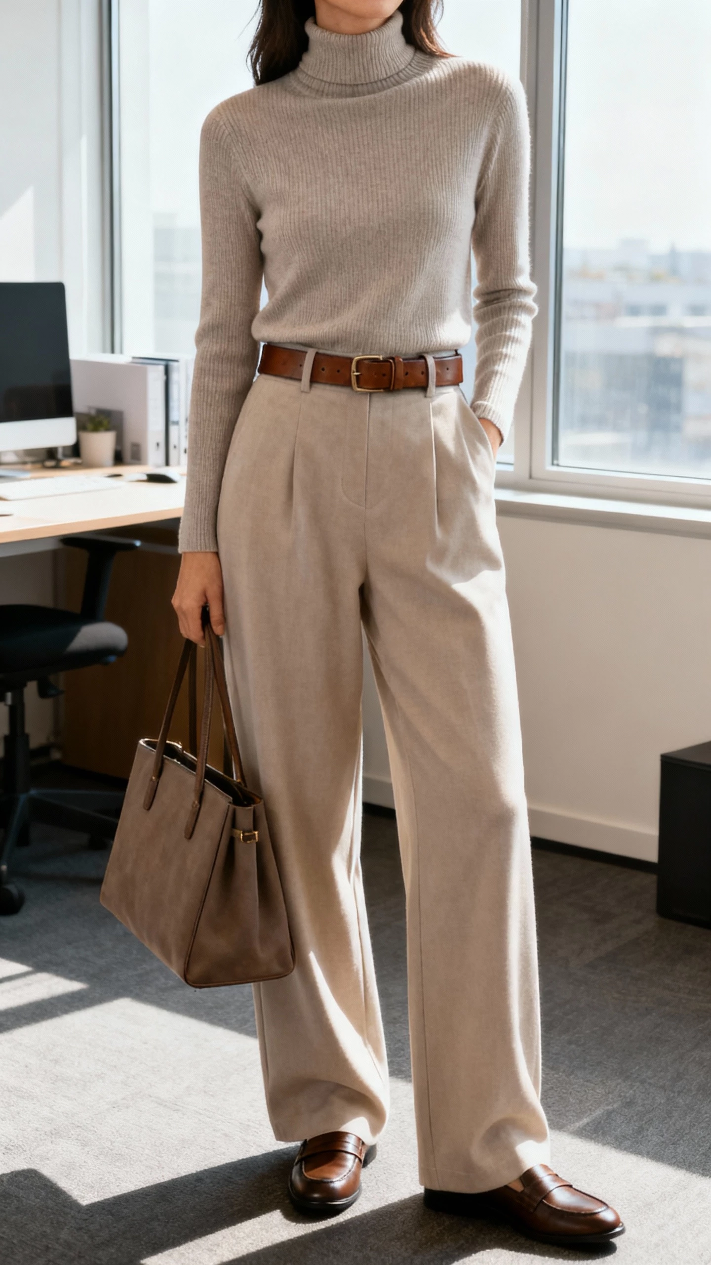 iPhone office mirror selfie of a woman wearing a fine-gauge turtleneck tucked into wide-leg trousers, leather belt, loafers, structured tote, face not visible, cropped at shoulders, bright office lighting near window, natural iPhone photo quality.