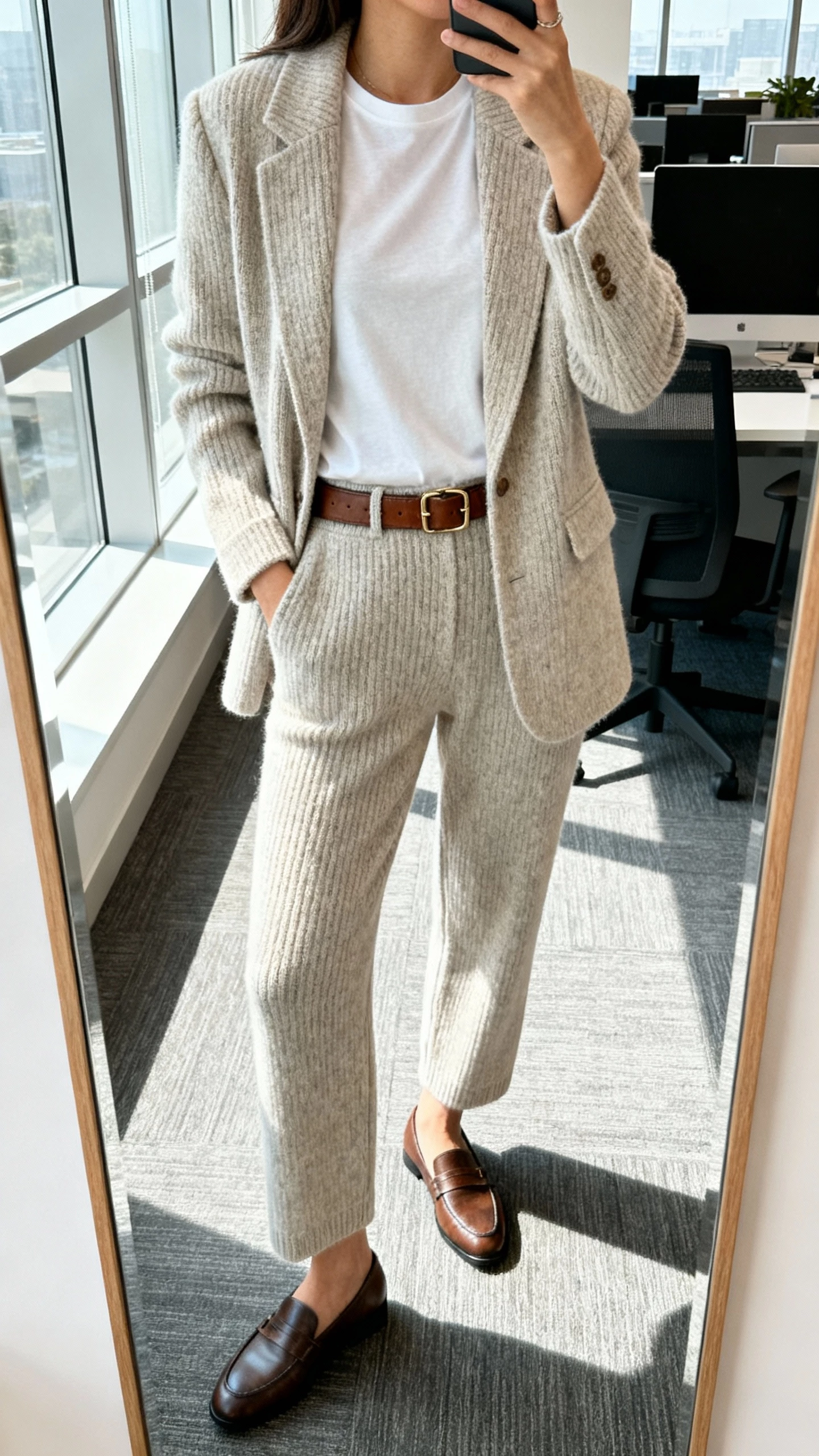 iPhone office mirror selfie of a woman wearing a matching knit blazer and knit trousers set with a fine-gauge tee, loafers, and a leather belt; face not visible, cropped at neck, bright office lighting by window, natural iPhone quality.