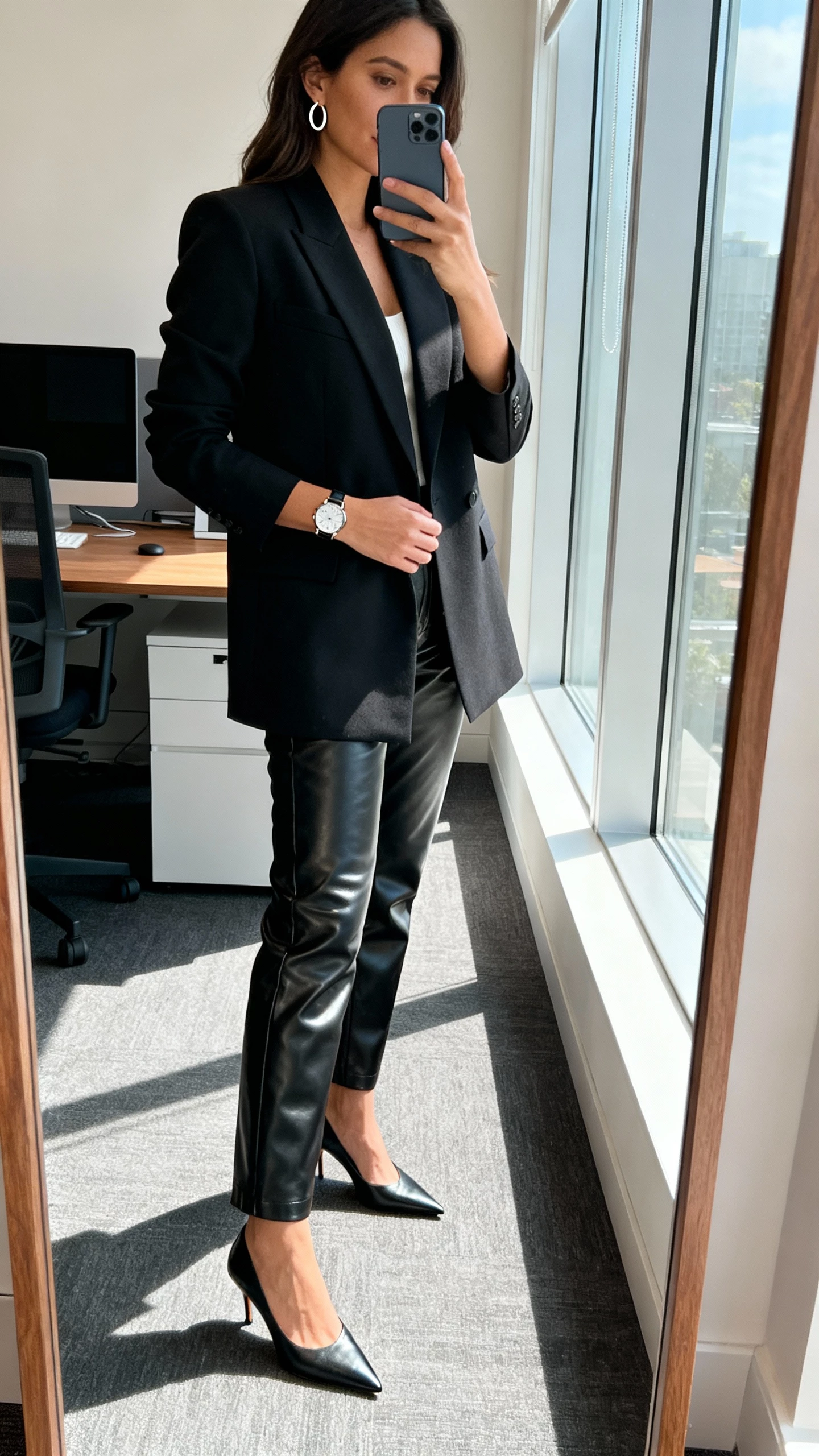 iPhone office mirror selfie of a woman wearing a sharp power blazer, sleek leather pants, pointed-toe heels, watch, minimal hoop earrings, face not visible, side angle, morning window light, natural iPhone photo