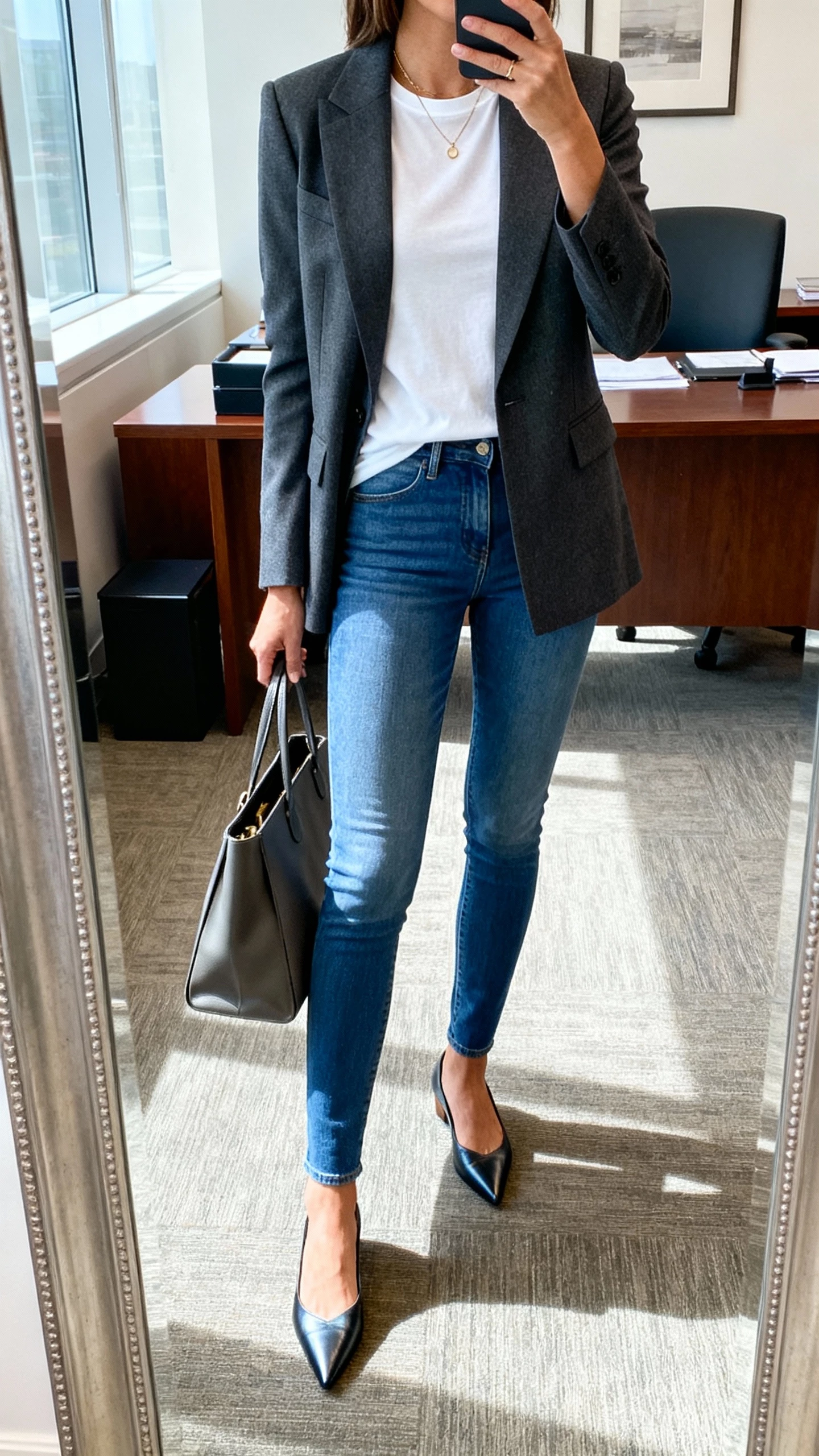 iPhone office mirror selfie of a woman wearing a tailored charcoal blazer, fitted white crewneck tee, blue slim jeans, pointed-toe flats, delicate necklace, structured tote in hand; face not visible, bright indoor lighting, natural iPhone photo quality.