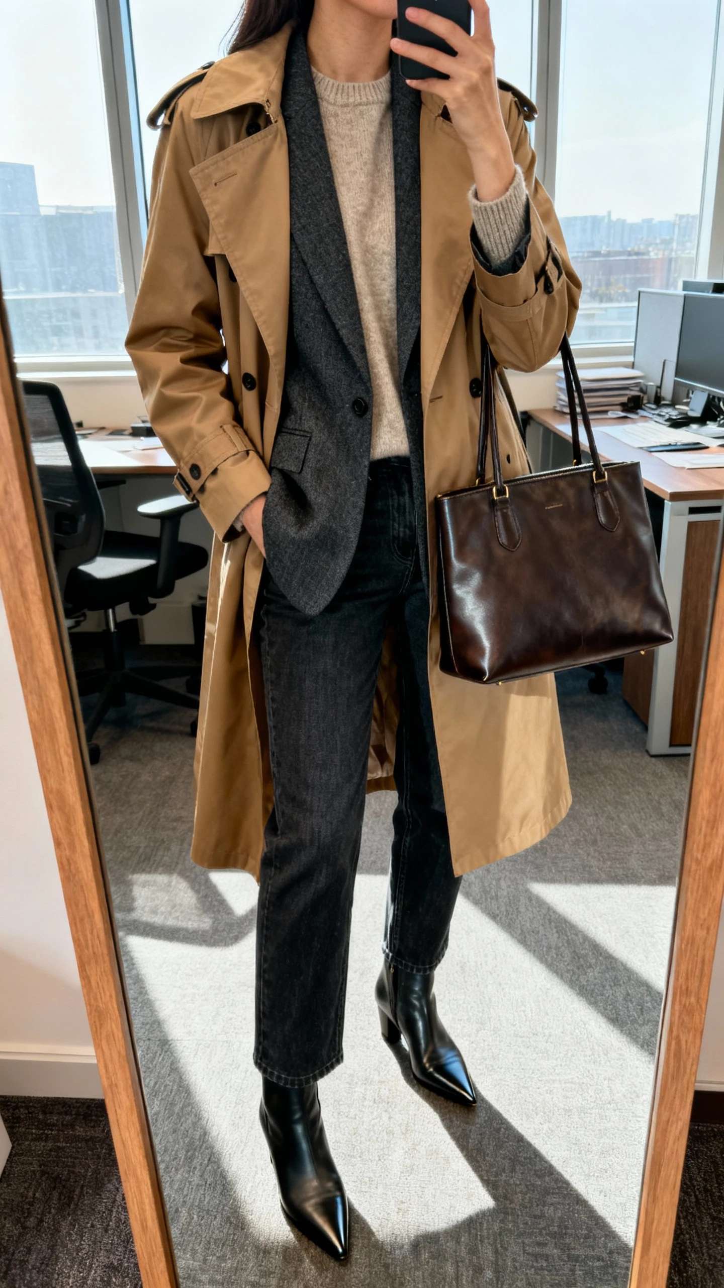 iPhone office mirror selfie of a woman wearing a tan water-resistant trench over a charcoal tailored wool blazer and a lightweight cashmere crewneck, straight dark-wash jeans, pointed-toe ankle boots, and a sleek leather tote; face not visible, cropped at neck, indoor office lighting with window light, natural iPhone photo quality.