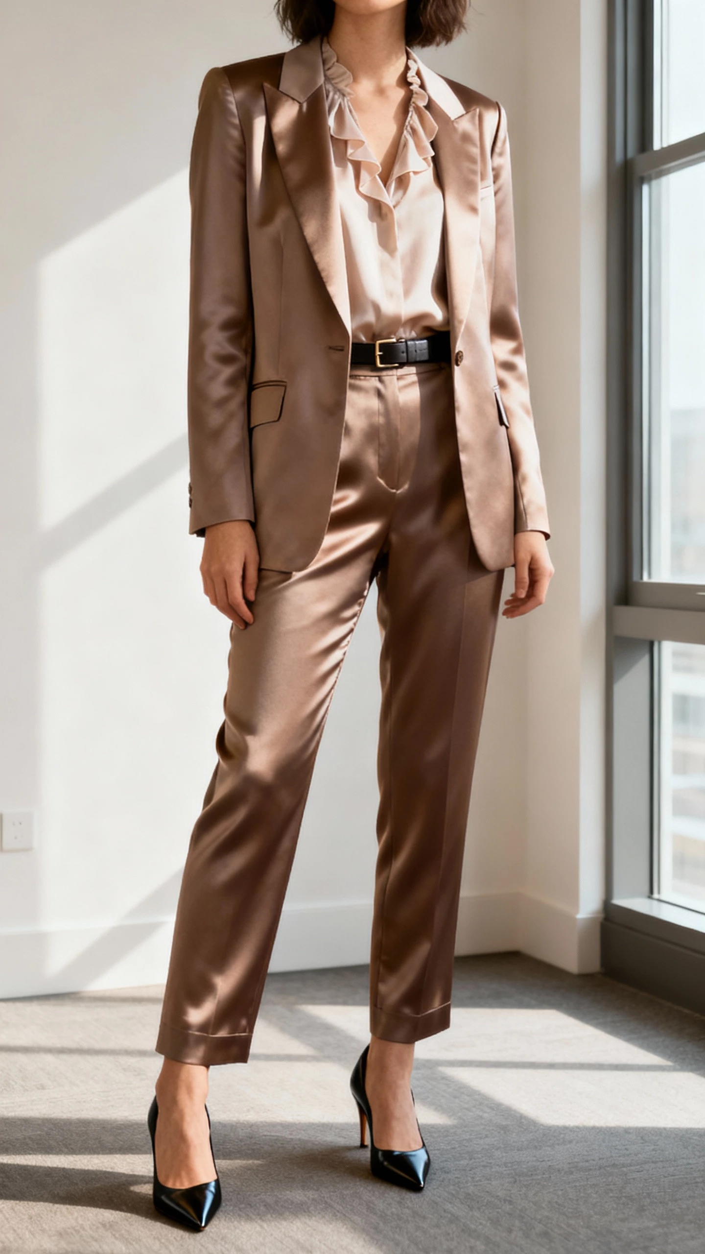 iPhone office mirror selfie of a woman wearing a tailored silk suit (blazer and trousers) with a feminine blouse, pointed-toe pumps, slim belt, face not visible, cropped at neck, morning office light, natural iPhone aesthetic.