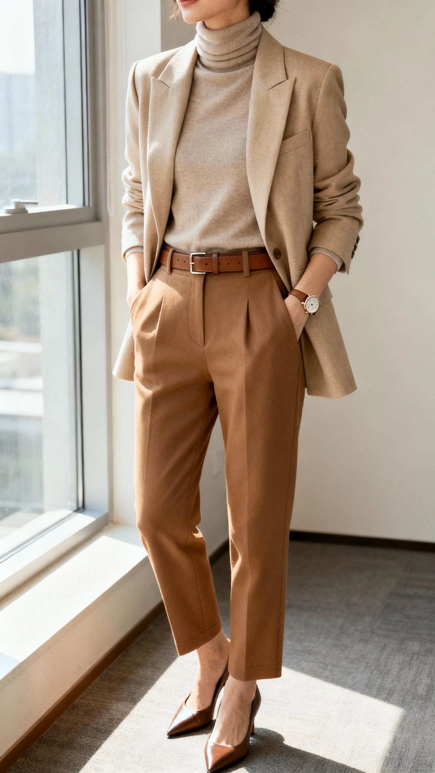 iPhone office selfie cropped at shoulders showing a woman in a luxe layered turtleneck under a tailored beige blazer, high-waisted camel trousers, slim leather belt, pointed-toe heels, delicate watch, face not visible, morning office light near window, natural iPhone photo.