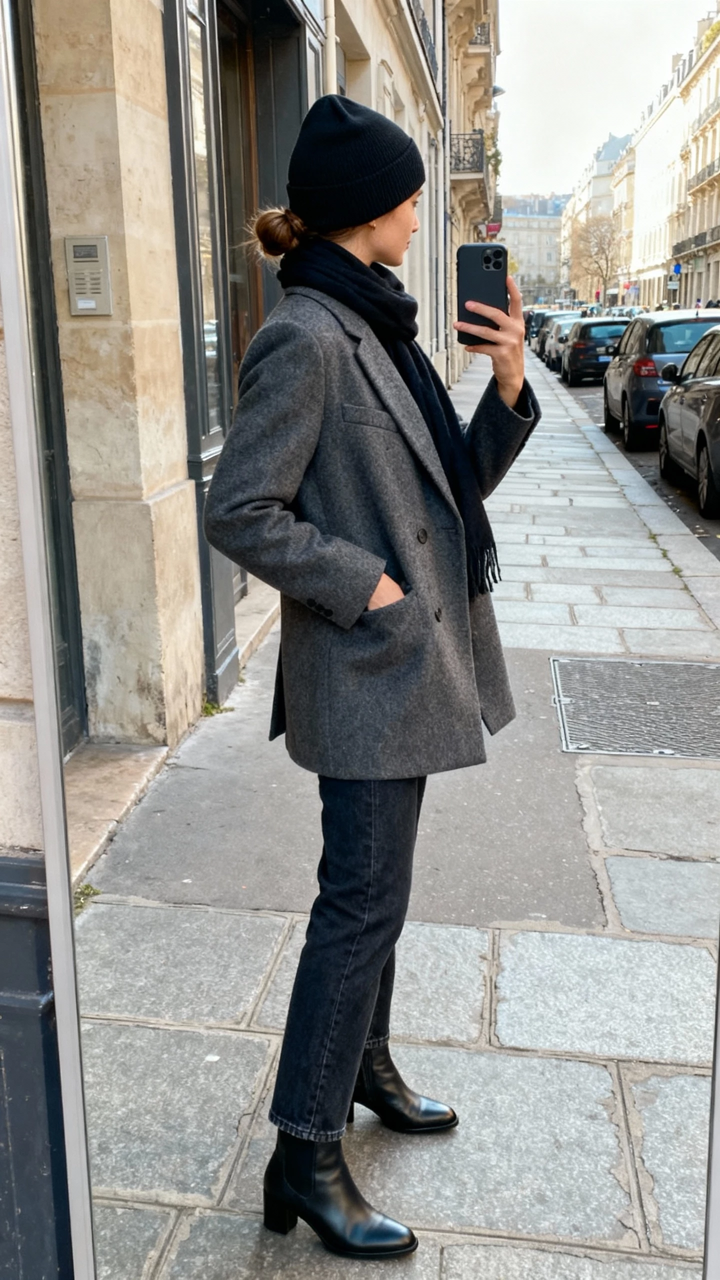iPhone outdoor selfie from side angle of a woman in a sleek beanie with hair tuck, tailored wool coat, scarf tucked in, straight jeans, ankle boots, face not visible, city sidewalk in natural daylight, casual iPhone photo quality.