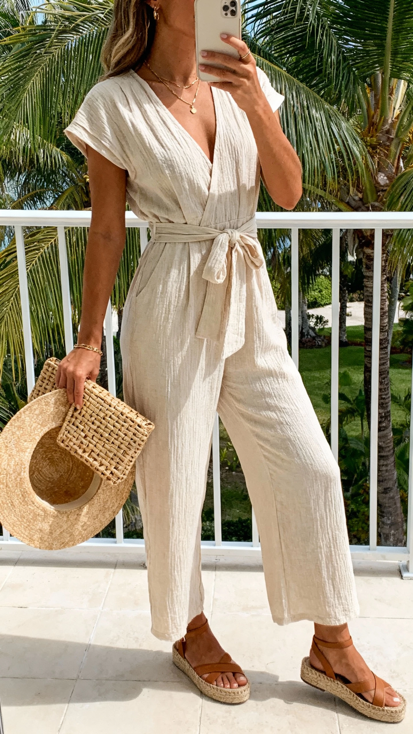 iPhone outdoor selfie from the side of a woman in a resort-ready tie-waist jumpsuit in breathable fabric, woven clutch, espadrille wedges, straw hat in hand, face not visible, palm-lined terrace, bright daylight, natural iPhone photo quality