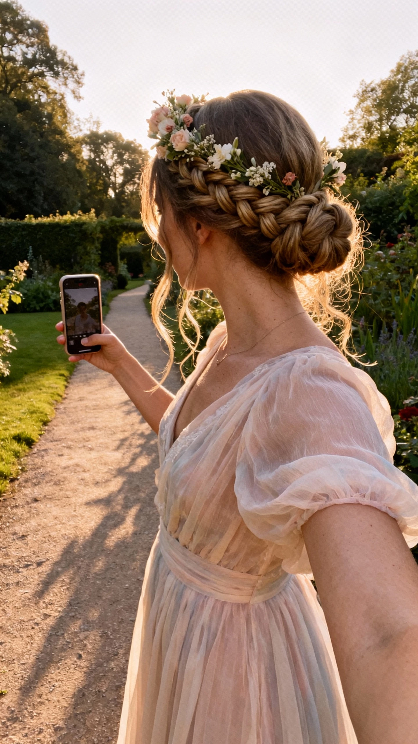 iPhone outdoor selfie from the side showing a braided crown updo with soft tendrils, boho-inspired floral hairpieces, flowy chiffon bridal dress; face not visible, garden path setting, golden hour light, casual iPhone photo.