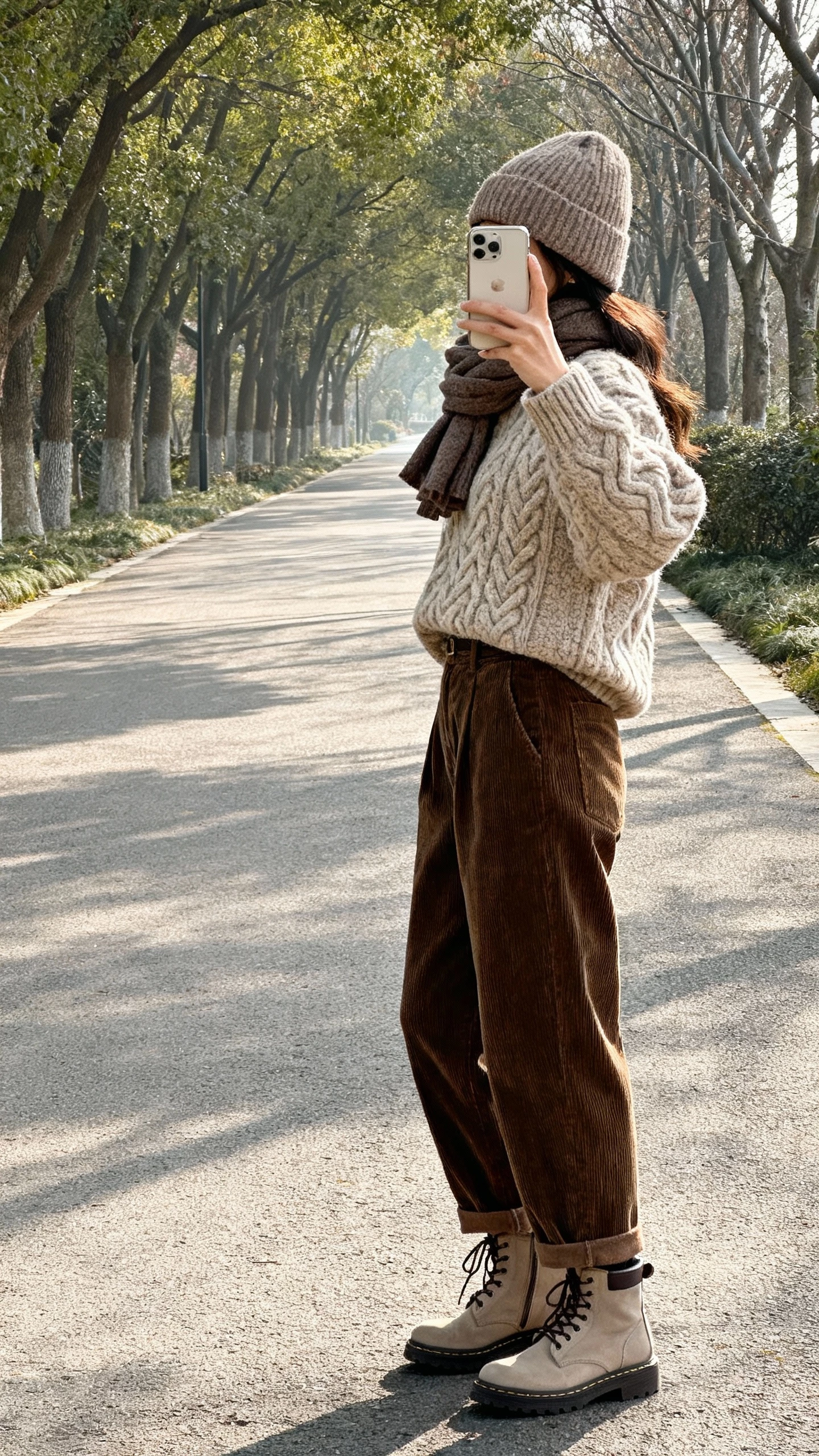 iPhone outdoor side-angle selfie of a woman in a chunky cable-knit sweater and high-waisted corduroy trousers, lace-up boots, wool beanie, and scarf, face not visible, tree-lined path with soft morning light, casual iPhone aesthetic.