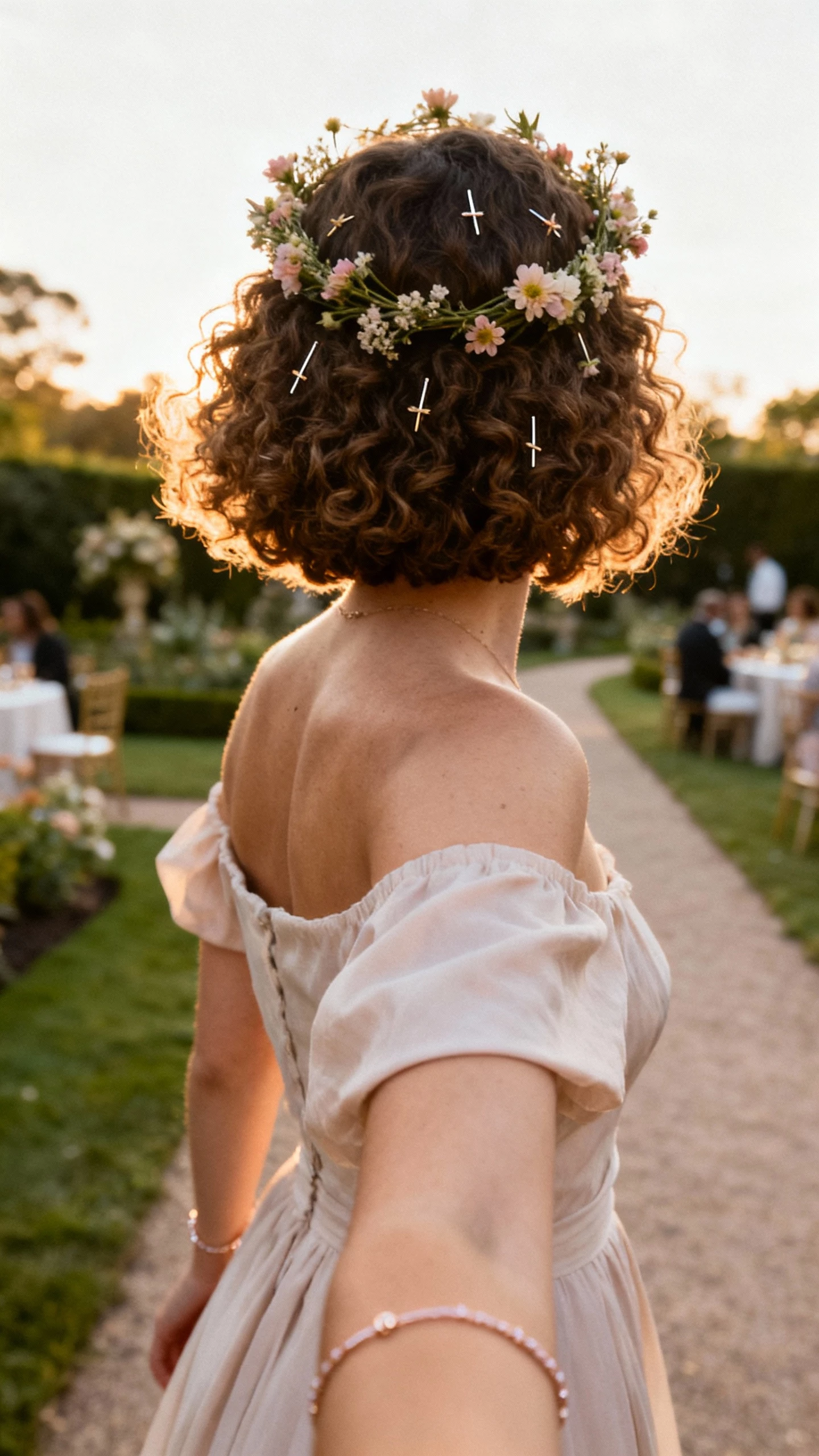 iPhone over-the-shoulder selfie of a woman with a curly crop styled into a soft crown adorned with tiny floral pins, wearing an off-the-shoulder dress and delicate bracelet, face not visible, garden venue path, late-afternoon natural light, casual iPhone photo