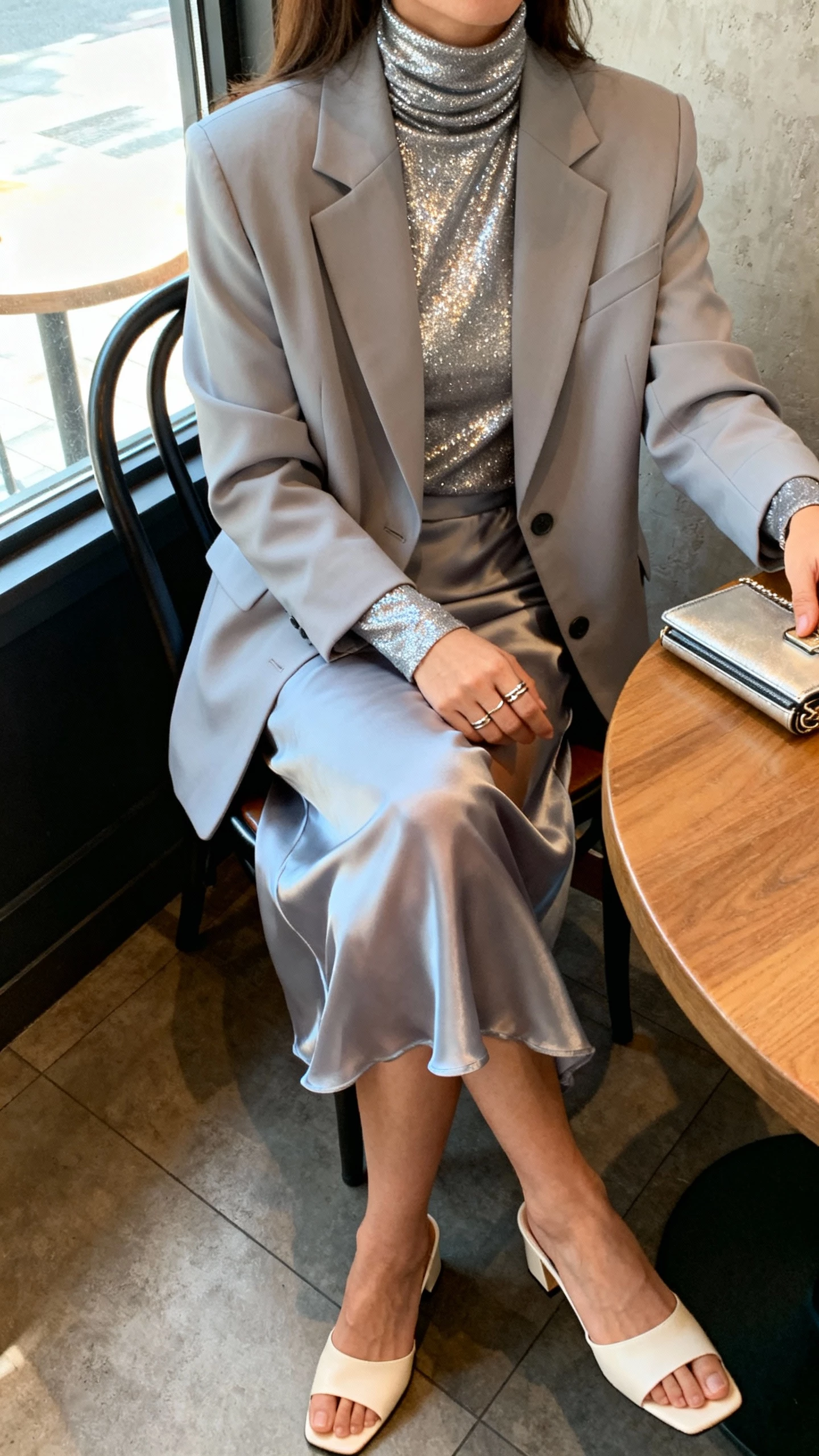 iPhone seated cafe selfie, cropped at neck, of a woman wearing a slip skirt suiting set (matching blazer with slip skirt) and a sparkly metallic turtleneck, heeled mules, minimal rings, and a clutch on the table; face not visible, cafe window light, natural iPhone photo quality.