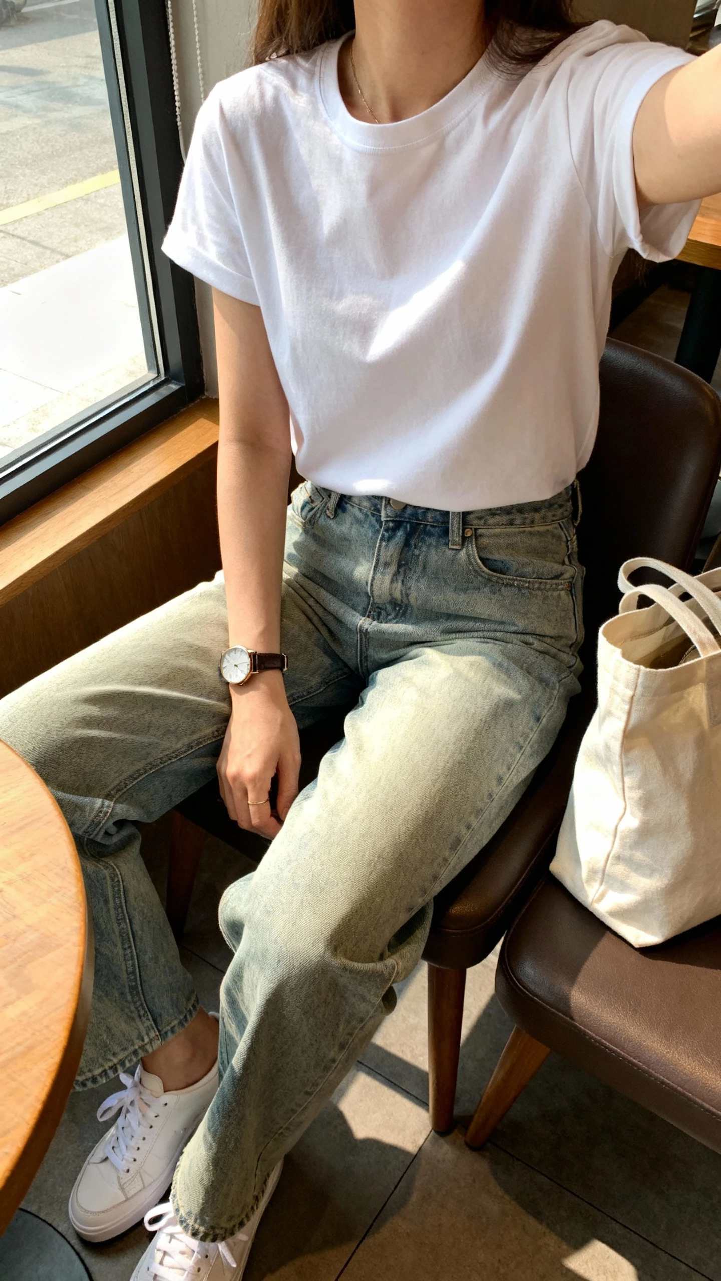 iPhone seated cafe selfie cropped at shoulders of a woman wearing a classic white tee, vintage-style light-wash straight jeans, clean white sneakers, casual watch, tote bag on chair, face not visible, morning window light, natural iPhone photo