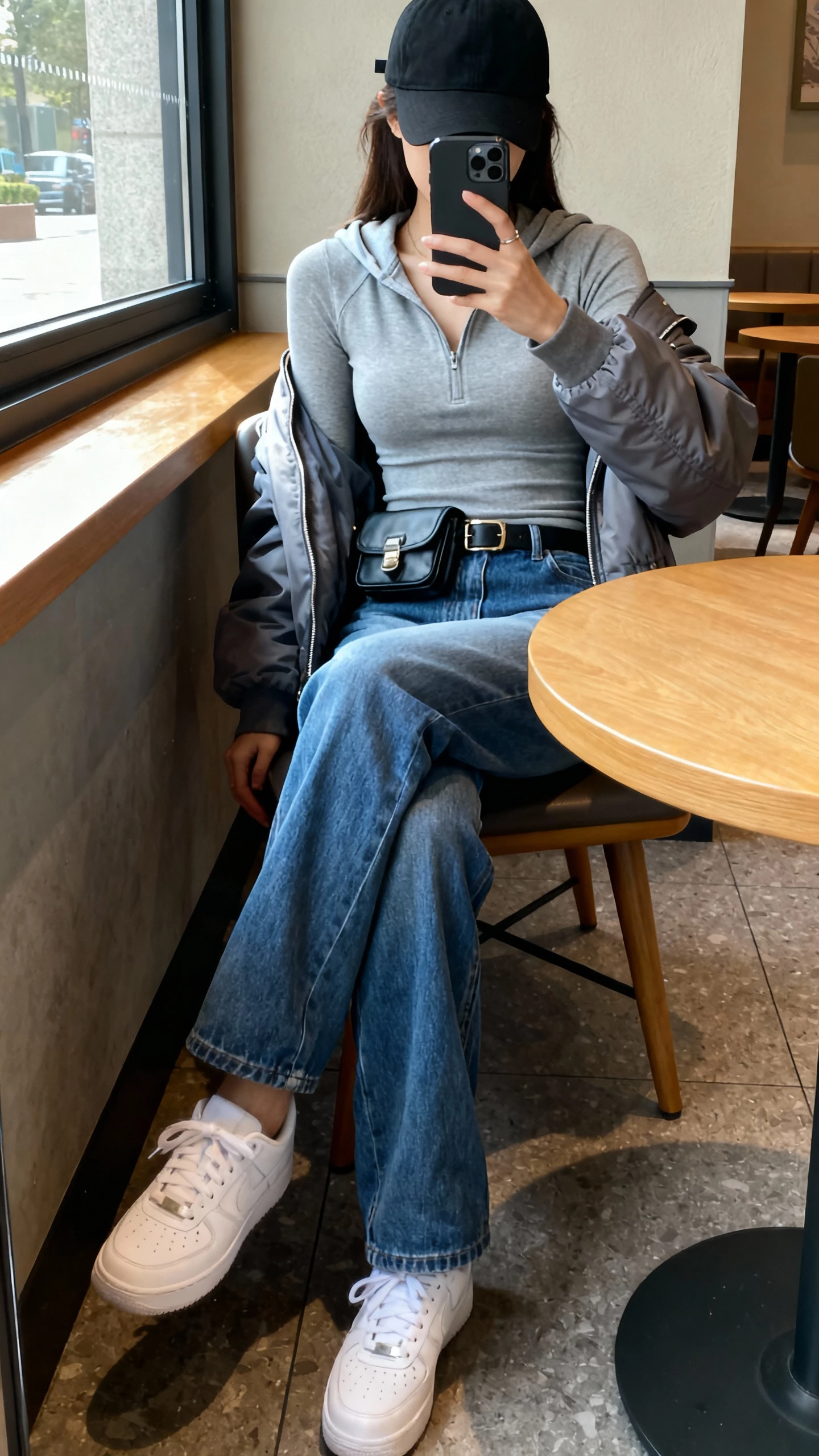 iPhone seated cafe selfie cropped at shoulders showing a woman in a gray slim hoodie, blue straight jeans, crisp white sneakers, black baseball cap, lightweight bomber, small belt bag; face not visible, window light, natural iPhone photo quality.