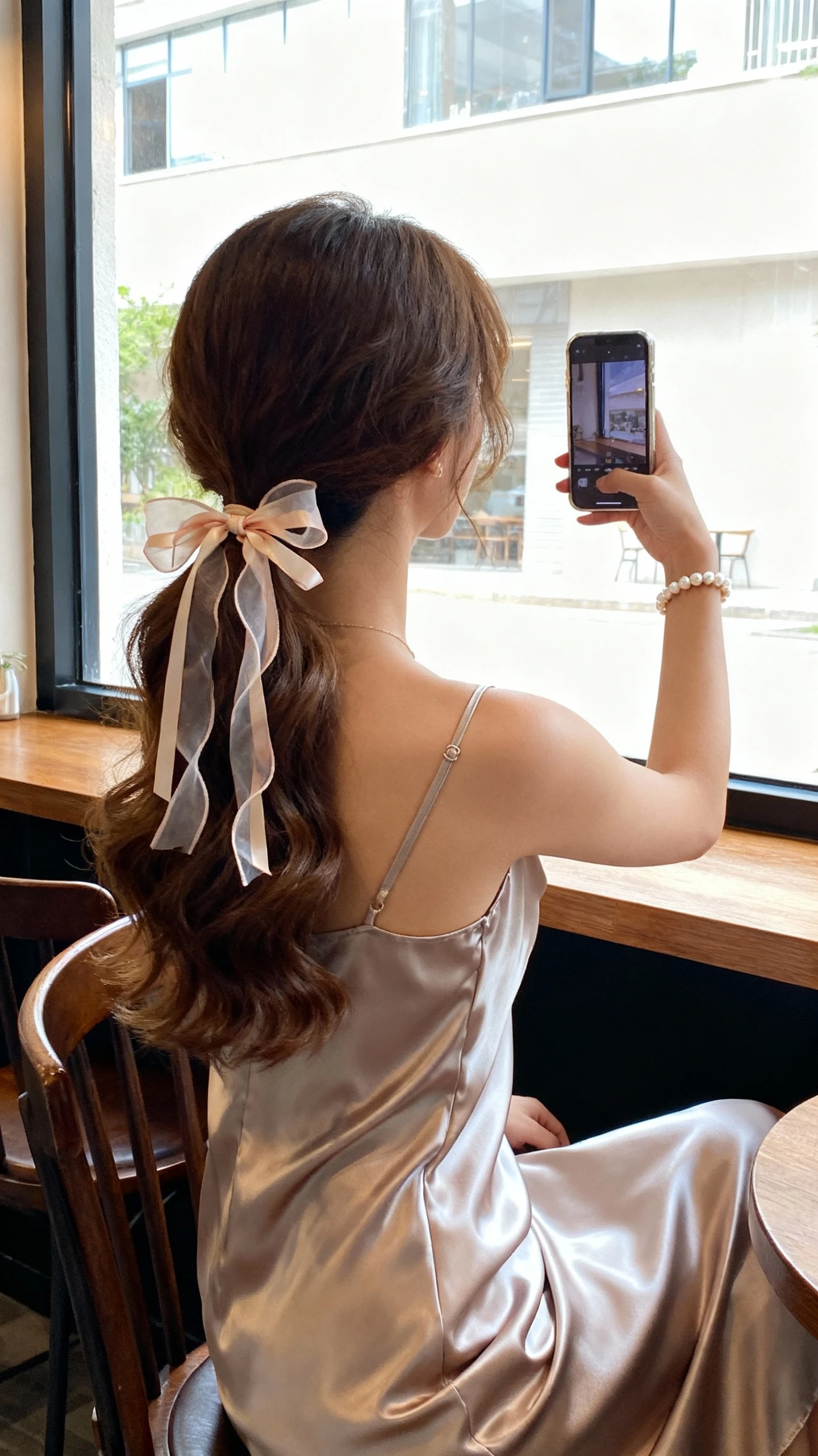 iPhone seated cafe selfie from the side of a woman with a romantic low ponytail tied with ribbons and airy volume, satin slip dress, ribbon bow, and pearl bracelet; face not visible, natural daylight by the window, casual iPhone shot.