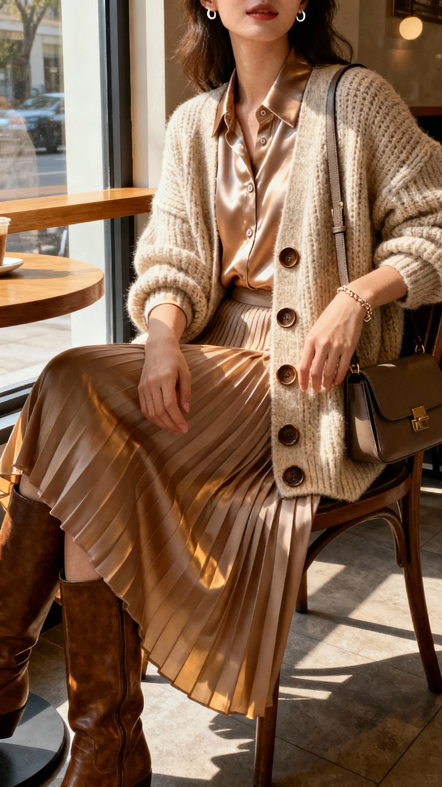 iPhone seated cafe selfie of a woman in a flowy pleated midi skirt, satin button‑up blouse, chunky grandpa cardigan with big buttons, knee‑high boots, structured shoulder bag, delicate bracelet and tiny hoops; face not visible, morning window light, natural iPhone photo quality.