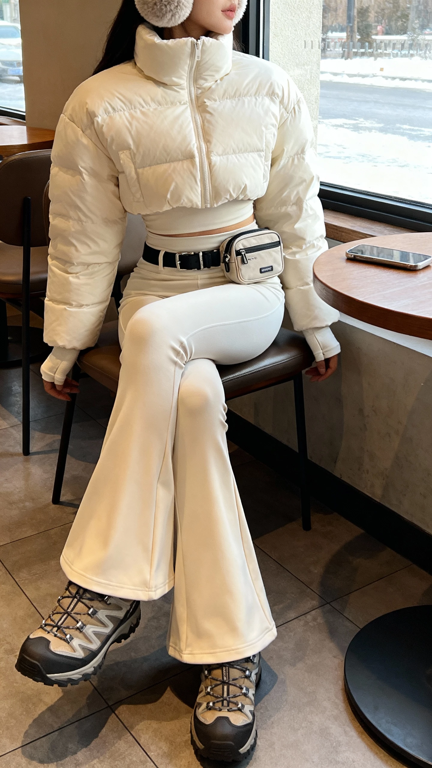 iPhone seated cafe selfie, side angle, of a woman in a cropped ivory down jacket with high collar, sleek long-sleeve base layer, high-rise flare leggings, insulated hiker boots, compact belt bag, chunky earmuffs; face not visible, natural daylight through window, casual iPhone photo.