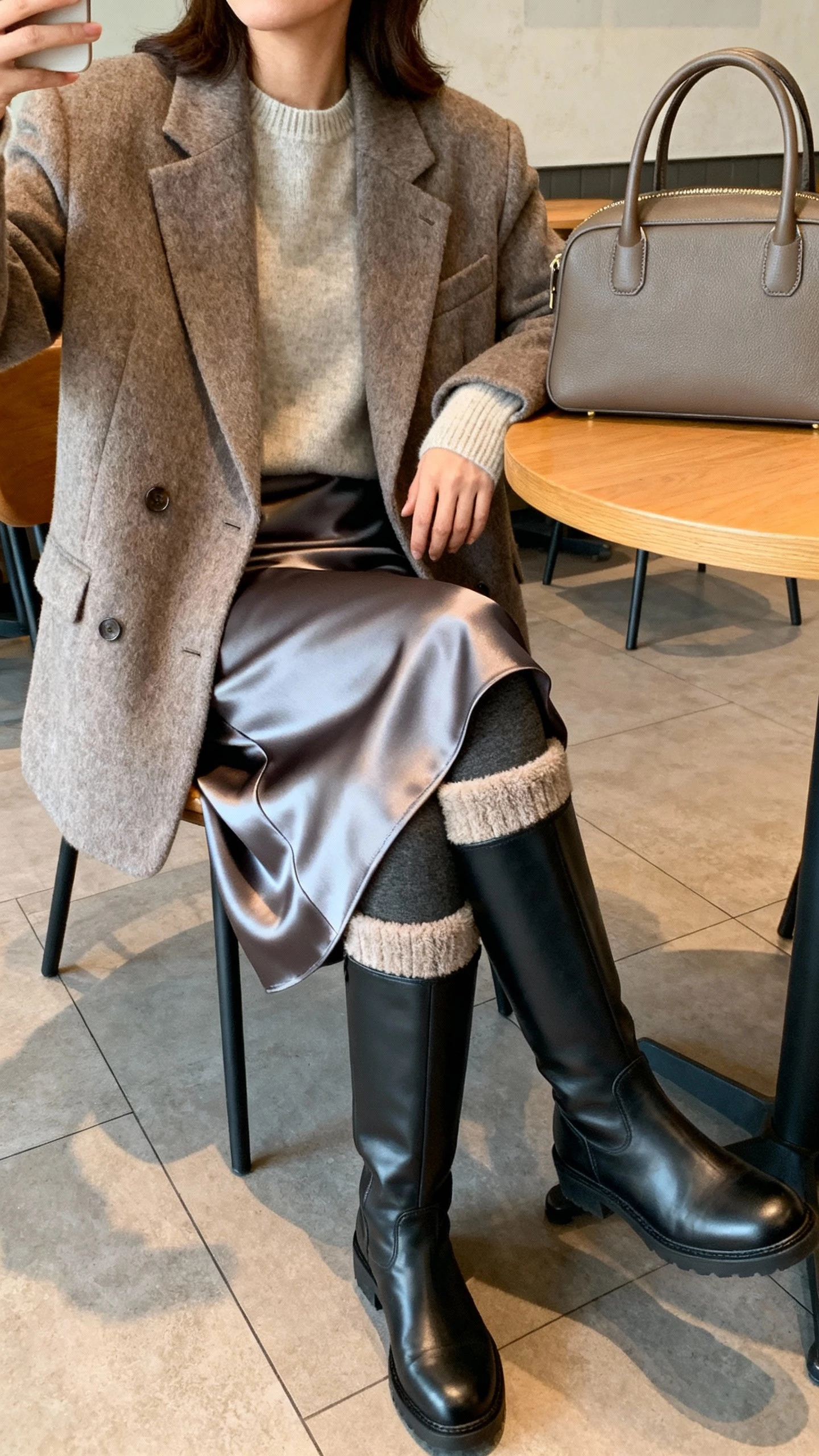 iPhone seated cafe table selfie cropped at shoulders showing a woman in a bias-cut satin midi skirt, lightweight cashmere crewneck, oversized wool blazer, insulated sleek knee-high boots, fleece-lined tights, and a structured top-handle bag on the table; warm indoor lighting, face not visible, natural iPhone photo quality.