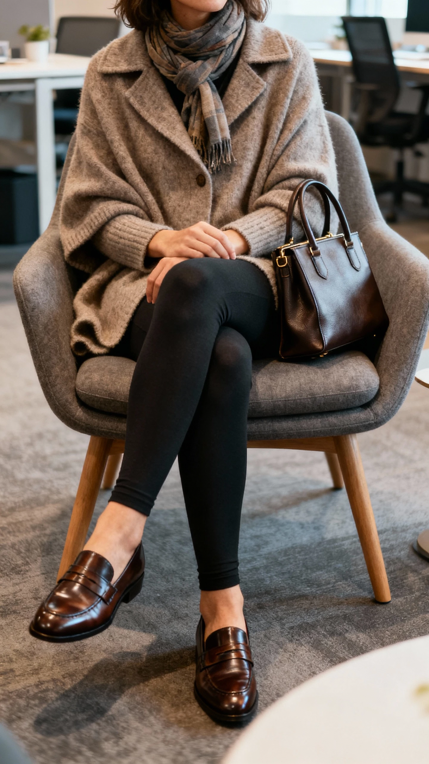iPhone seated selfie of a woman in a shawl-collar cardigan with leggings, polished loafers, scarf, and a refined tote, face not visible, coworking lounge chair, warm indoor lighting, natural iPhone photo quality