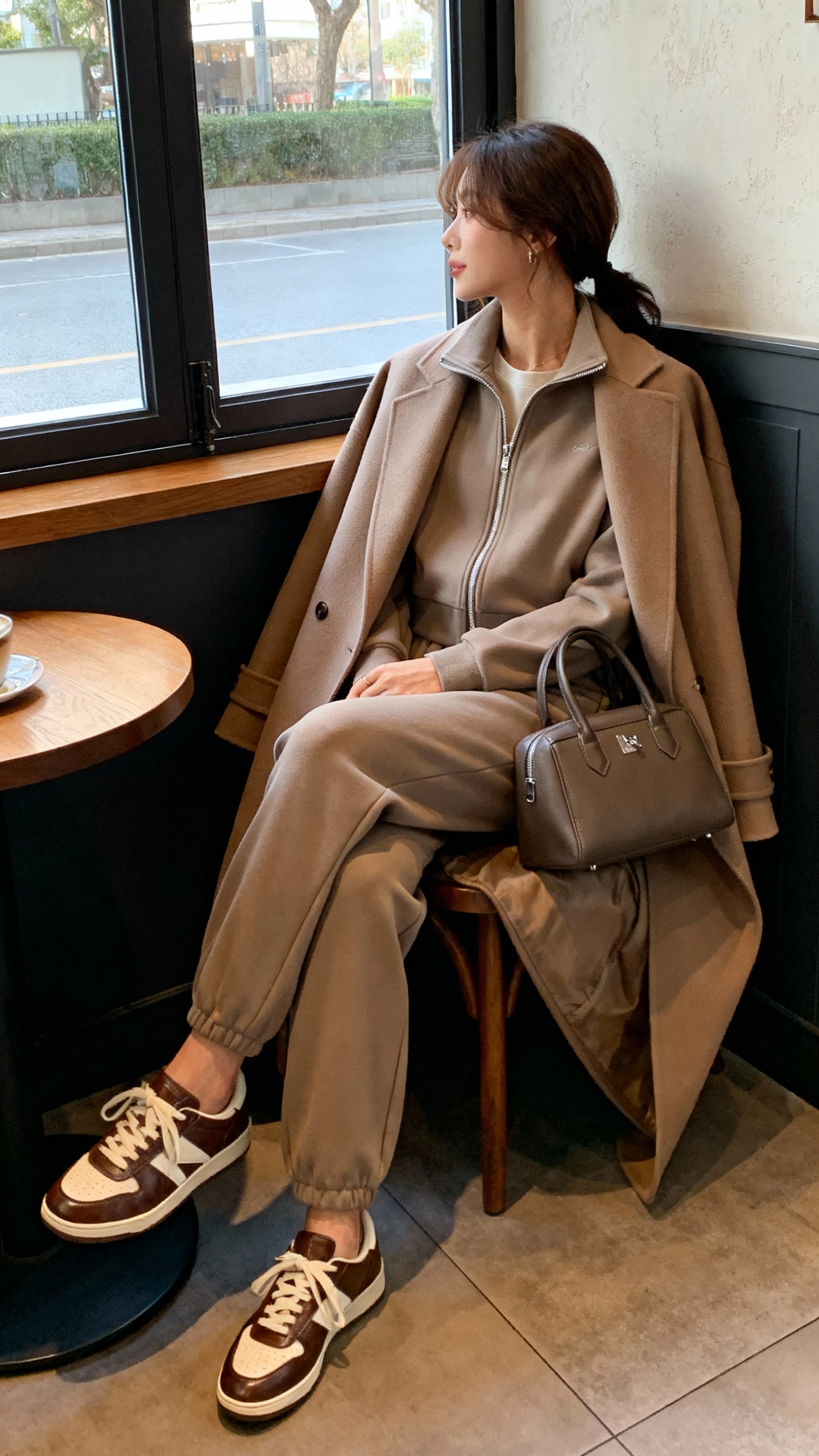 iPhone seated selfie of a woman wearing an elevated matching tracksuit (tailored joggers + zip-up), sleek coat draped over shoulders, leather trainers, structured handbag, face not visible, cafe corner, natural window light, natural iPhone photo quality