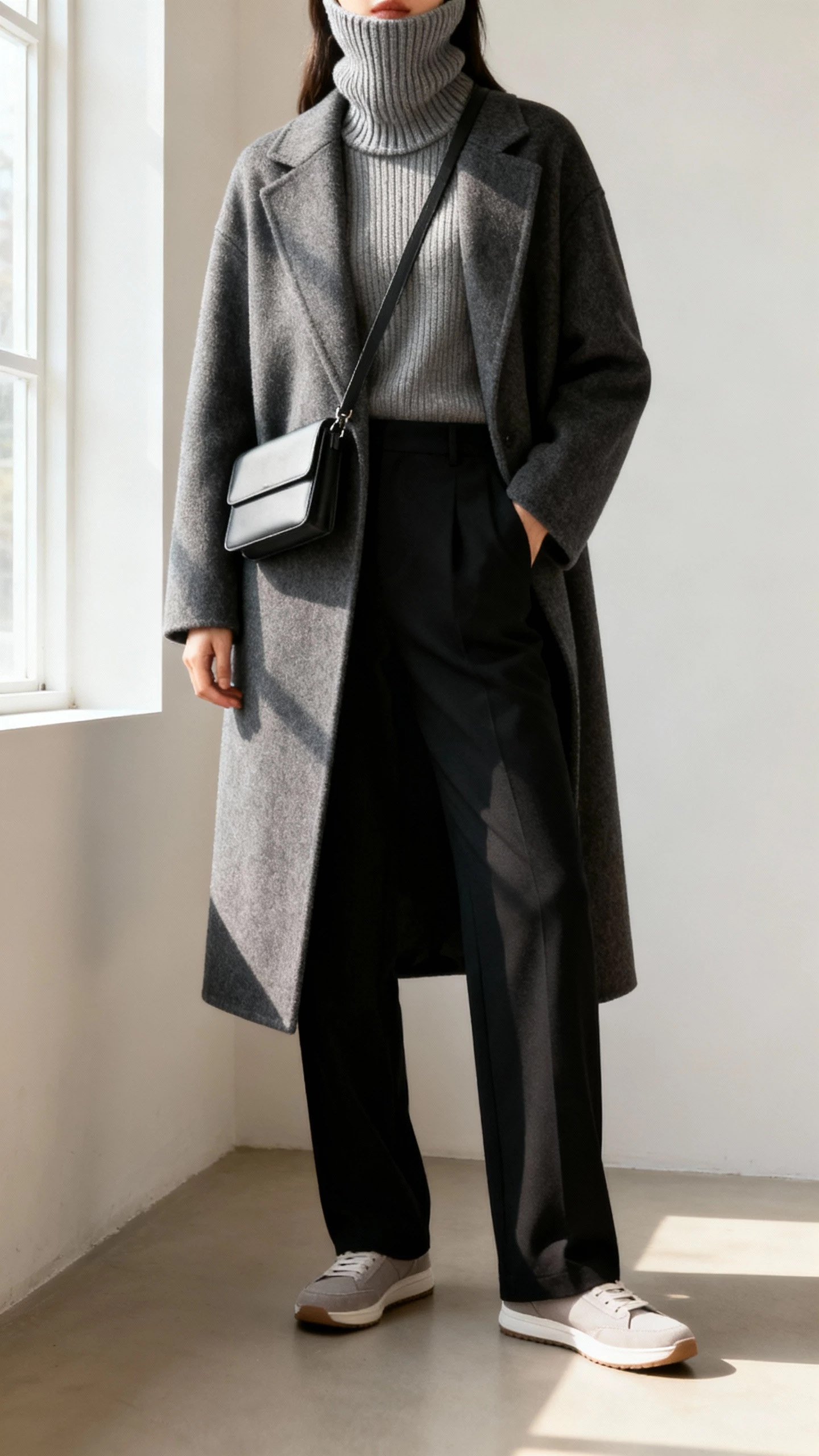 iPhone selfie cropped at neck showing a woman in a ribbed knit balaclava, streamlined wool overcoat, fine-gauge knit top, straight black trousers, minimalist sneakers, and a slim crossbody; face not visible, airy studio corner by a window, soft morning light, natural iPhone quality.