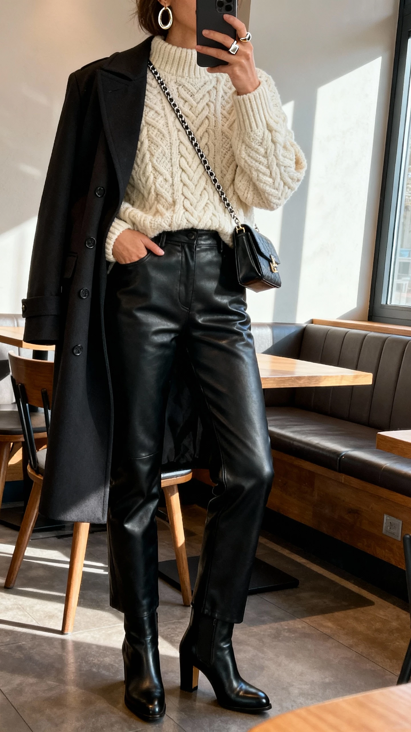 iPhone selfie cropped at neck showing a woman in black leather straight-leg pants, chunky cream cable-knit sweater, heeled Chelsea boots, tailored peacoat, crossbody with chain strap, statement hoops and a signet ring, face not visible, coffee shop booth, afternoon window light, natural iPhone photo quality.