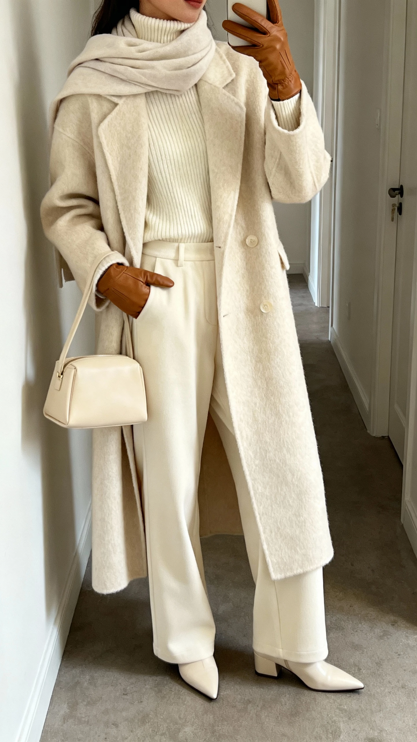 iPhone selfie cropped at shoulders of a woman in a cream fine-knit turtleneck with matching wide-leg trousers, pointed-toe boots, long wool coat in a slightly deeper cream, soft scarf and leather gloves, clean structured bag in the same tone, face not visible, minimalist hallway, natural daylight, natural iPhone photo quality.