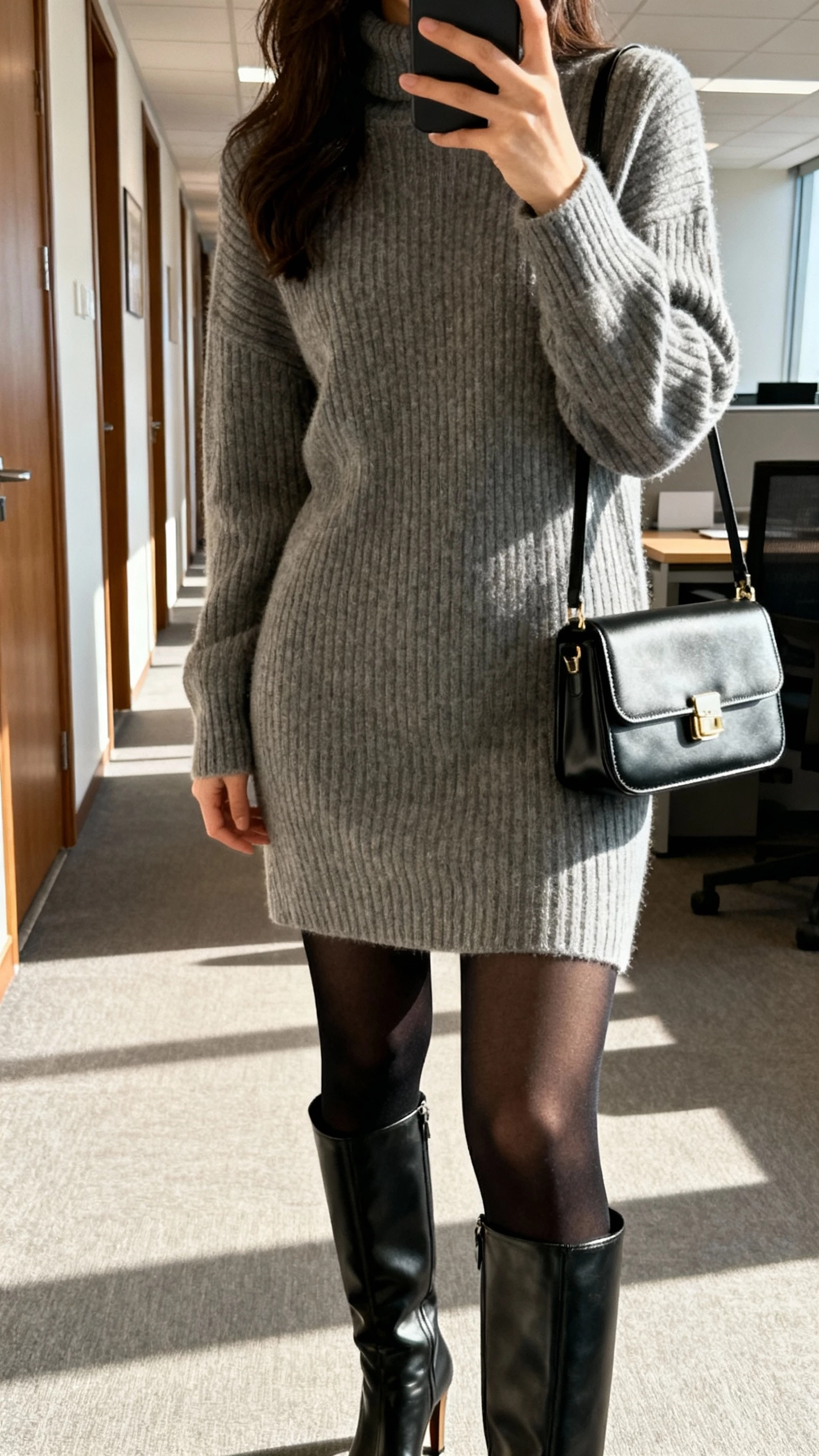 iPhone selfie cropped at shoulders of a woman in a ribbed sweaterdress, opaque black tights, tall heeled boots, structured mini bag, face not visible, office hallway, bright indoor light, natural iPhone aesthetic