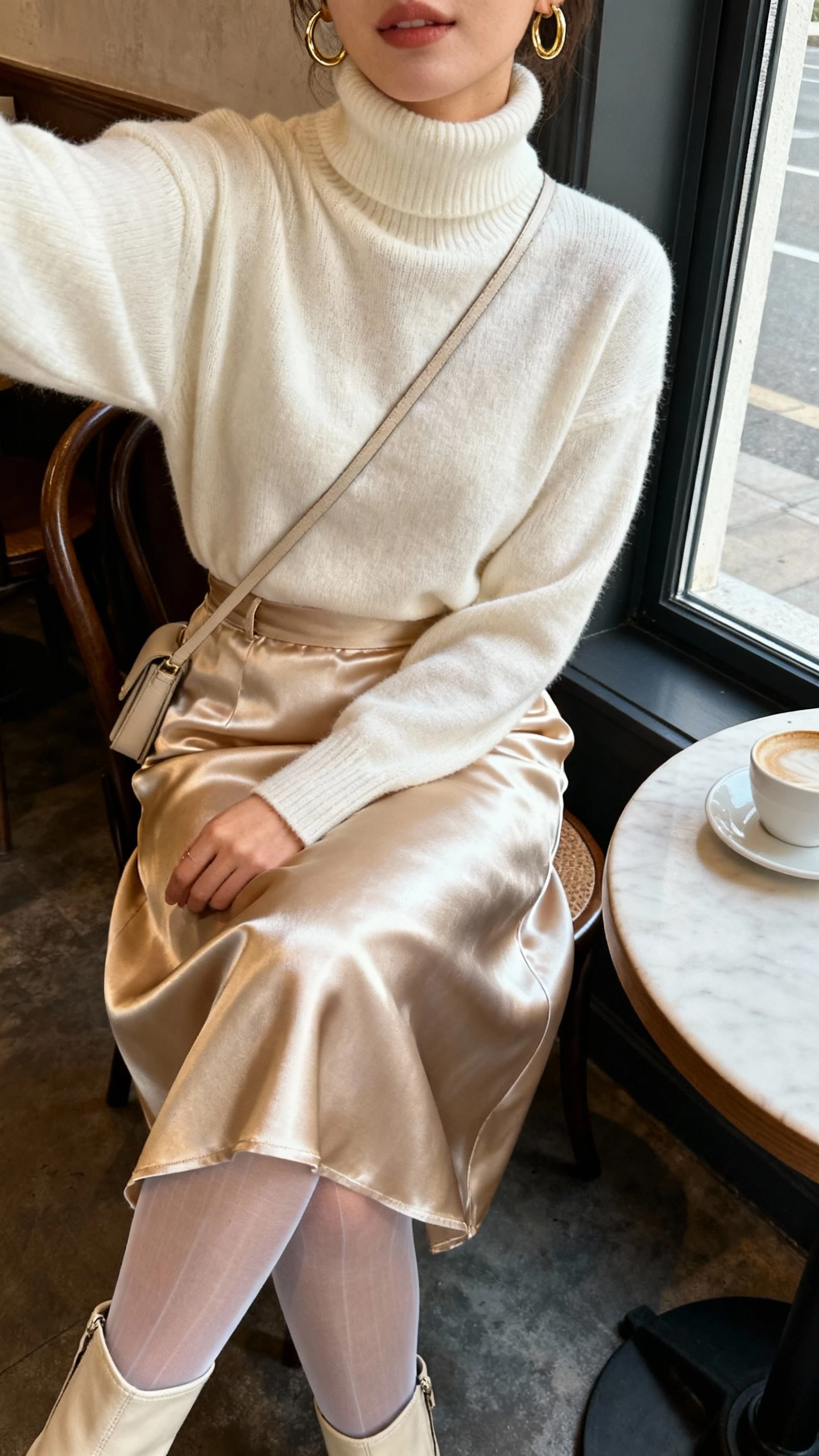 iPhone selfie cropped at shoulders showing a woman in a cream cashmere turtleneck tucked into a champagne satin midi skirt, sheer tights, ankle boots, simple gold hoops, and a minimalist crossbody, face not visible, cozy cafe table by the window, morning natural light, natural iPhone photo quality.