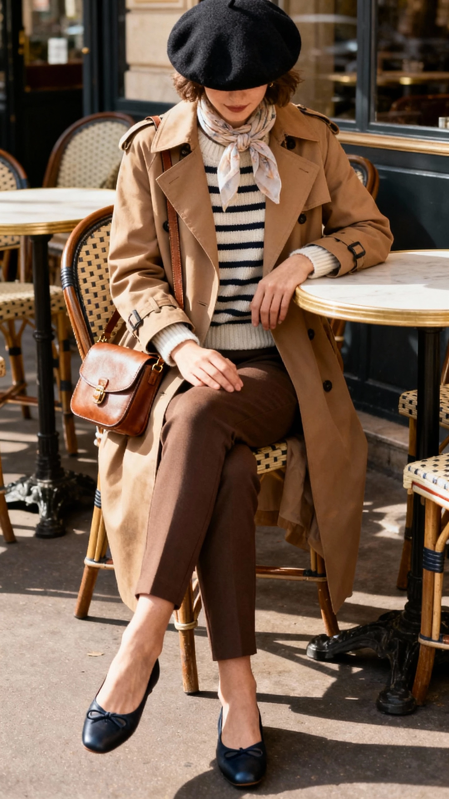 iPhone selfie cropped at shoulders showing a woman in a classic wool beret, camel trench over a striped knit, slim trousers, ballet flats, delicate scarf, and a small leather shoulder bag; face not visible, Parisian-style cafe table, morning light, natural iPhone aesthetic.