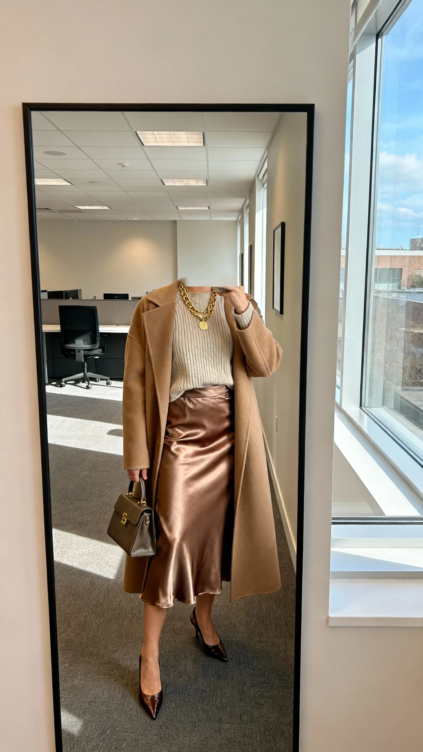 iPhone selfie cropped at shoulders showing a woman in a satin midi skirt, elevated fine-gauge knit sweater tucked in, long statement coat, pointed-toe slingbacks, layered gold necklaces, and a structured handbag; face not visible, office hallway mirror, morning window light, natural iPhone photo.