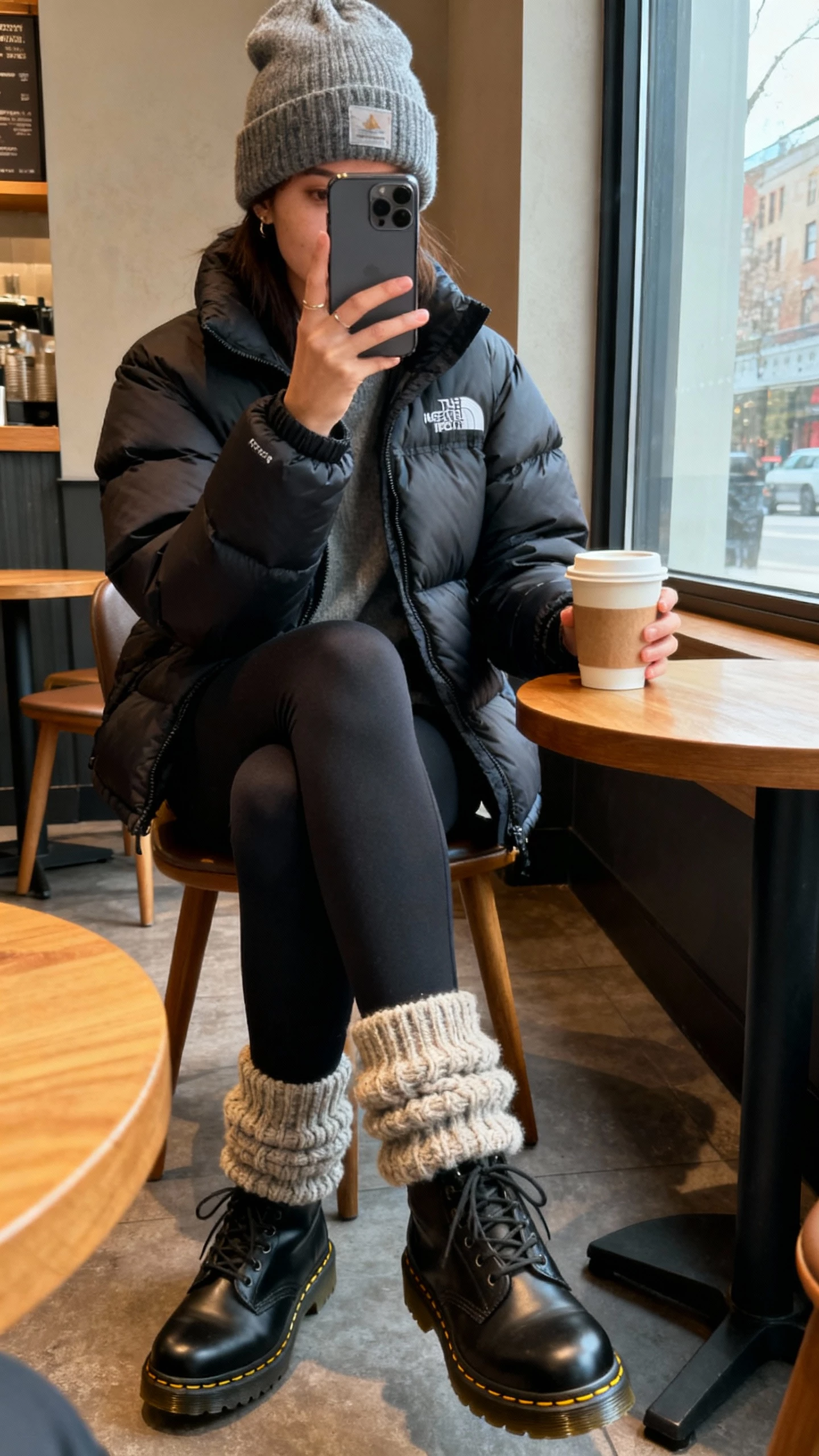 iPhone selfie cropped at shoulders showing a woman in a puffer jacket, leggings, beanie, chunky socks and Doc Martens, coffee cup in hand, face not visible, cozy cafe window light, casual iPhone aesthetic.