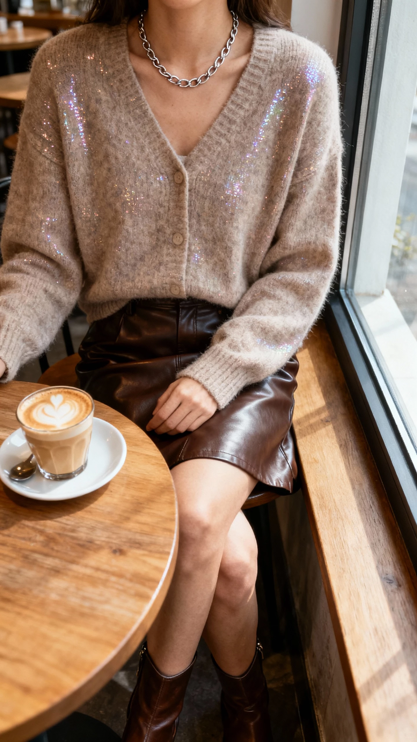 iPhone selfie cropped at shoulders showing a woman in a leather skirt and cozy cardigan with a hint of shine, dainty chain necklace and ankle boots, face not visible, cafe table setting with latte and window light, natural iPhone photo.