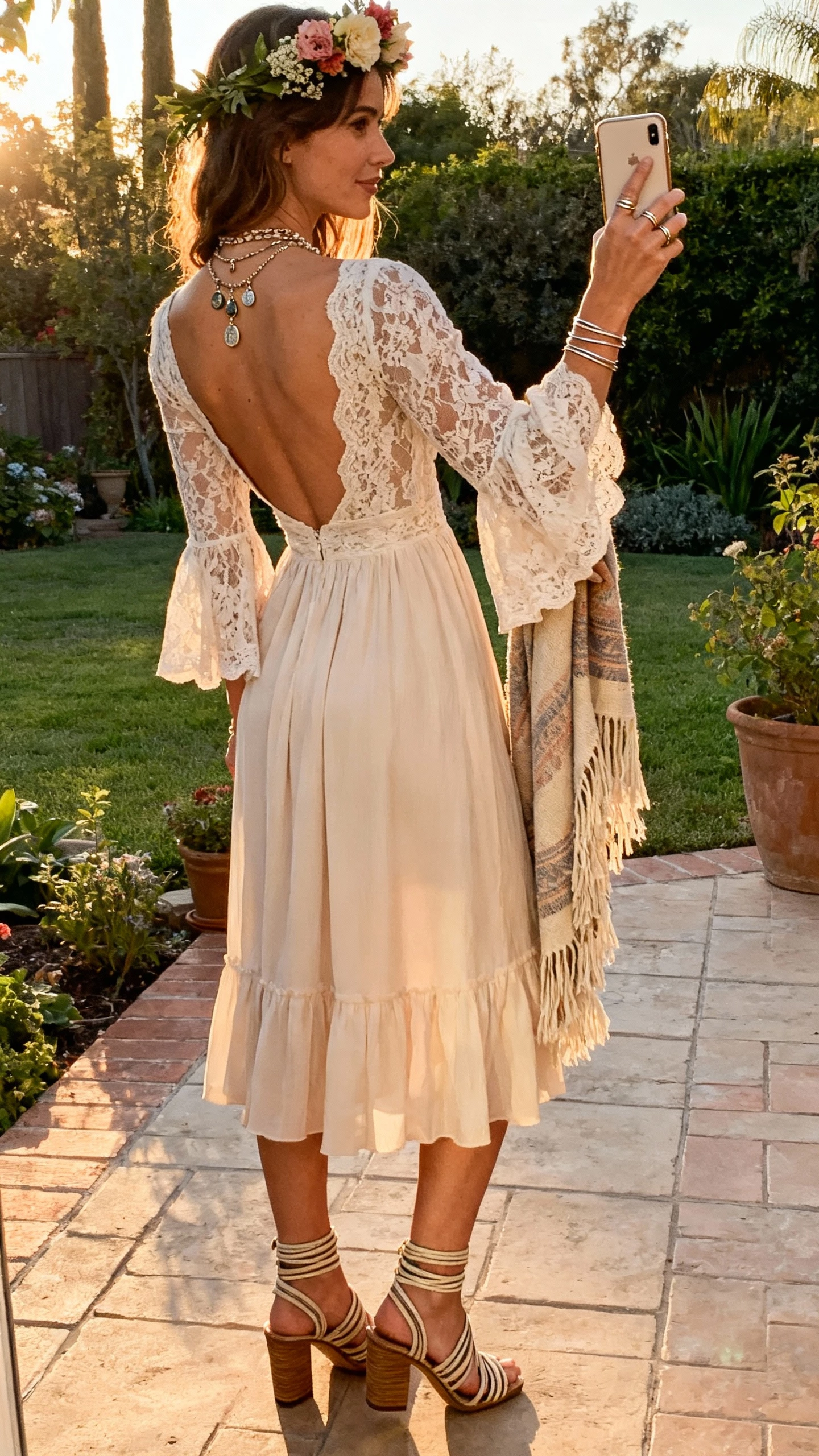 iPhone selfie from the side showing a woman in a lace gown with bell sleeves and a low open back, soft A-line skirt, stacked-heel sandals, flower crown, layered charm necklaces, thin stacking rings, fringed shawl draped over arm, face not visible, garden patio, golden hour light, natural iPhone aesthetic.